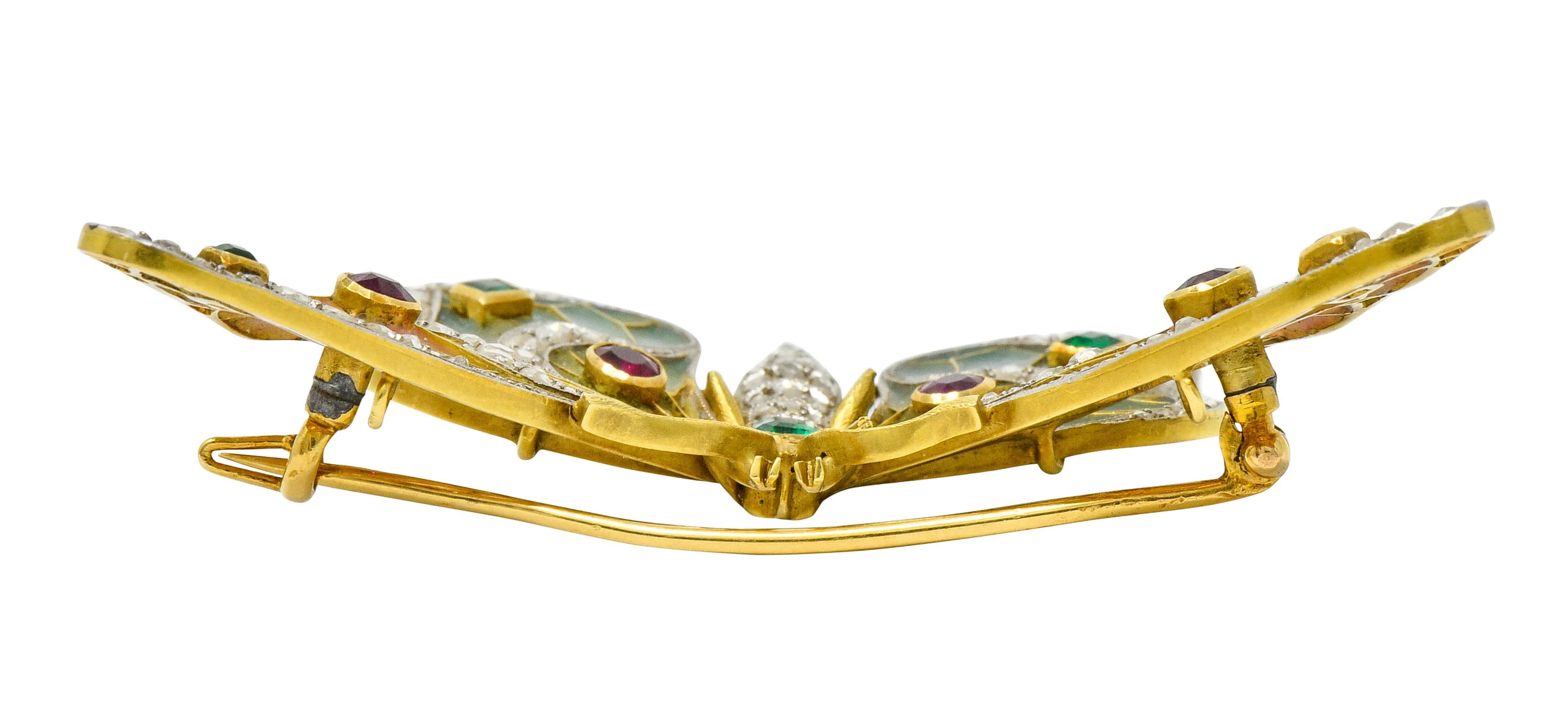 Substantial Art Nouveau Diamond Emerald Ruby Plique-A-Jour Enamel 18 Karat Gold Butterfly Pendant Brooch - Image 7