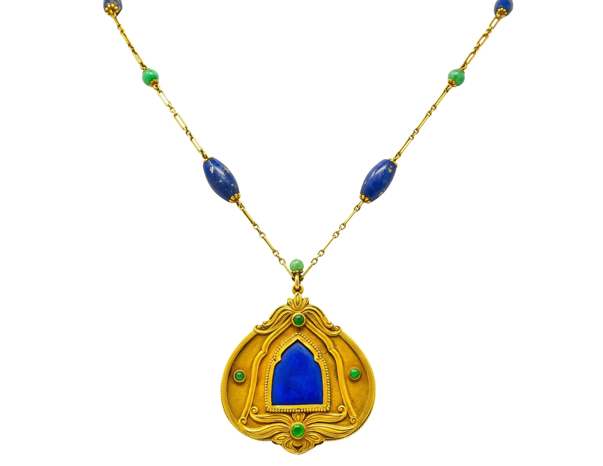 Substantial Arts & Crafts Jade Lapis 14 Karat Gold Medallion Necklace - Image 2