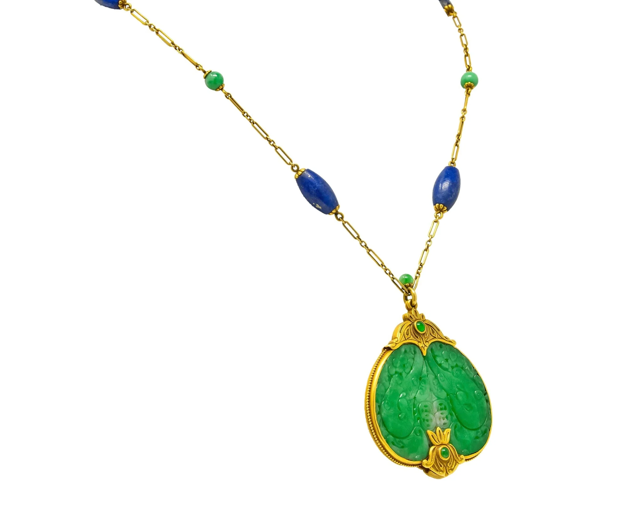 Substantial Arts & Crafts Jade Lapis 14 Karat Gold Medallion Necklace - Image 3