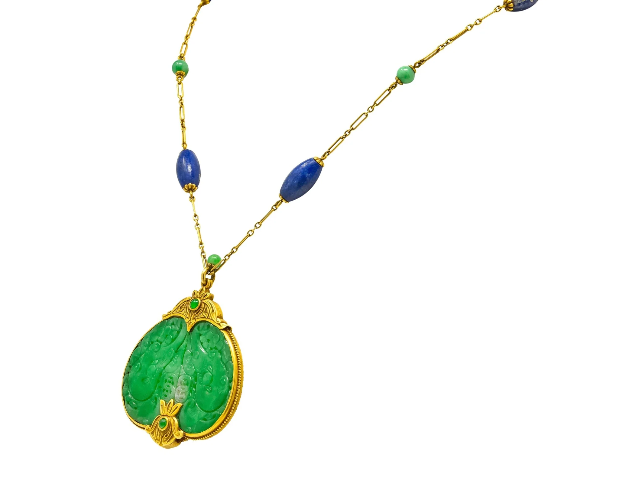 Substantial Arts & Crafts Jade Lapis 14 Karat Gold Medallion Necklace - Image 4