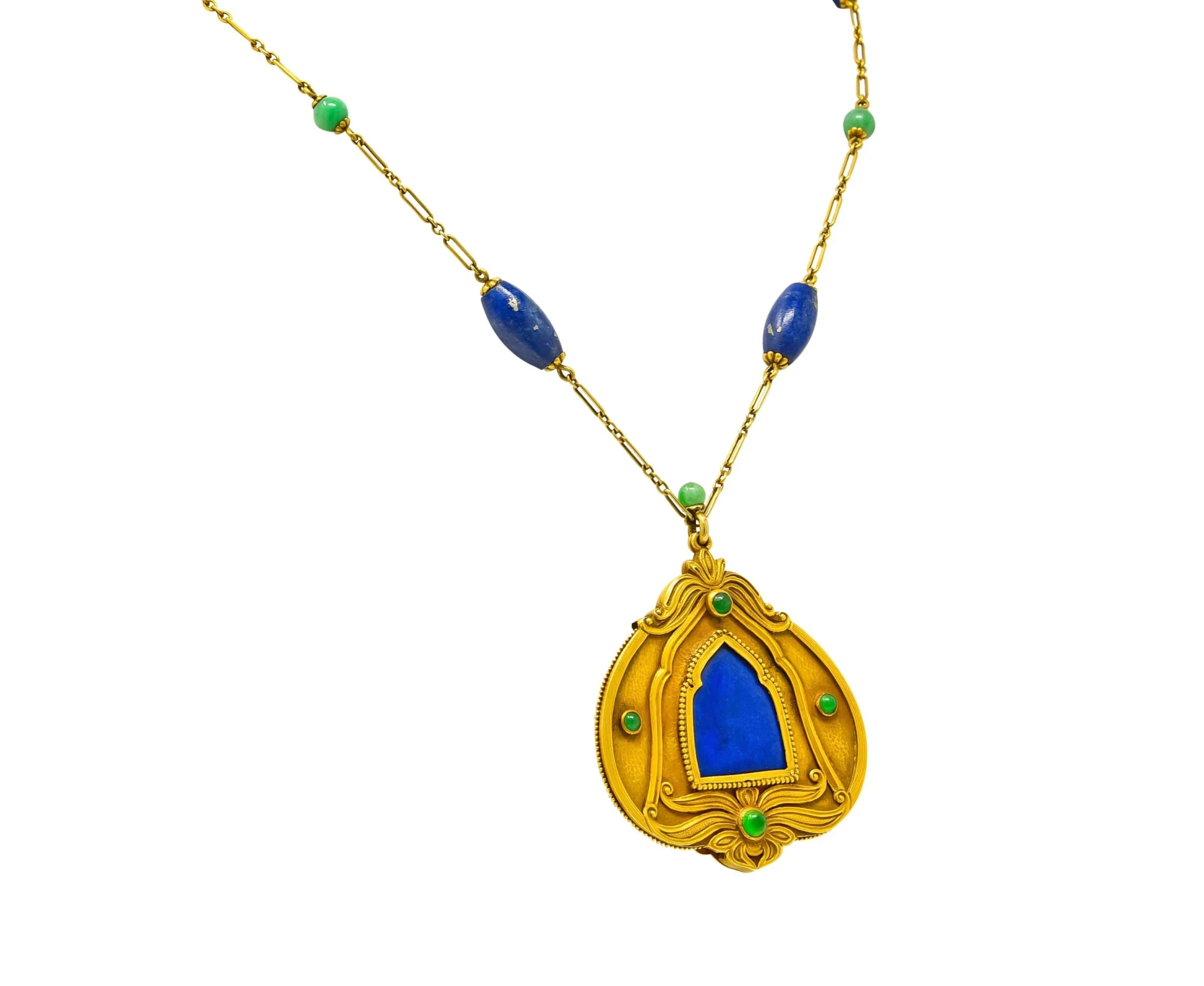 Substantial Arts & Crafts Jade Lapis 14 Karat Gold Medallion Necklace - Image 5