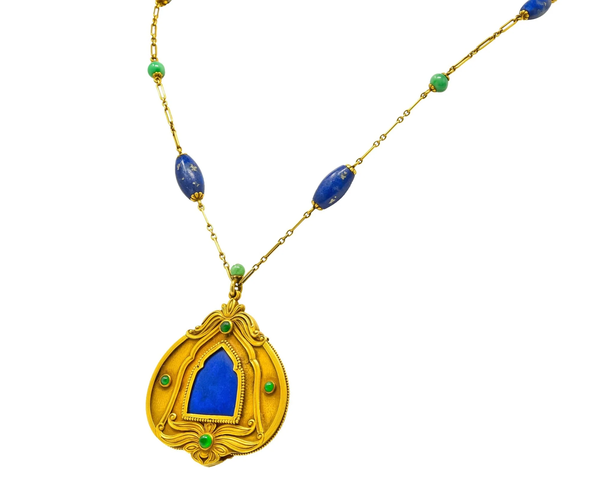 Substantial Arts & Crafts Jade Lapis 14 Karat Gold Medallion Necklace - Image 9