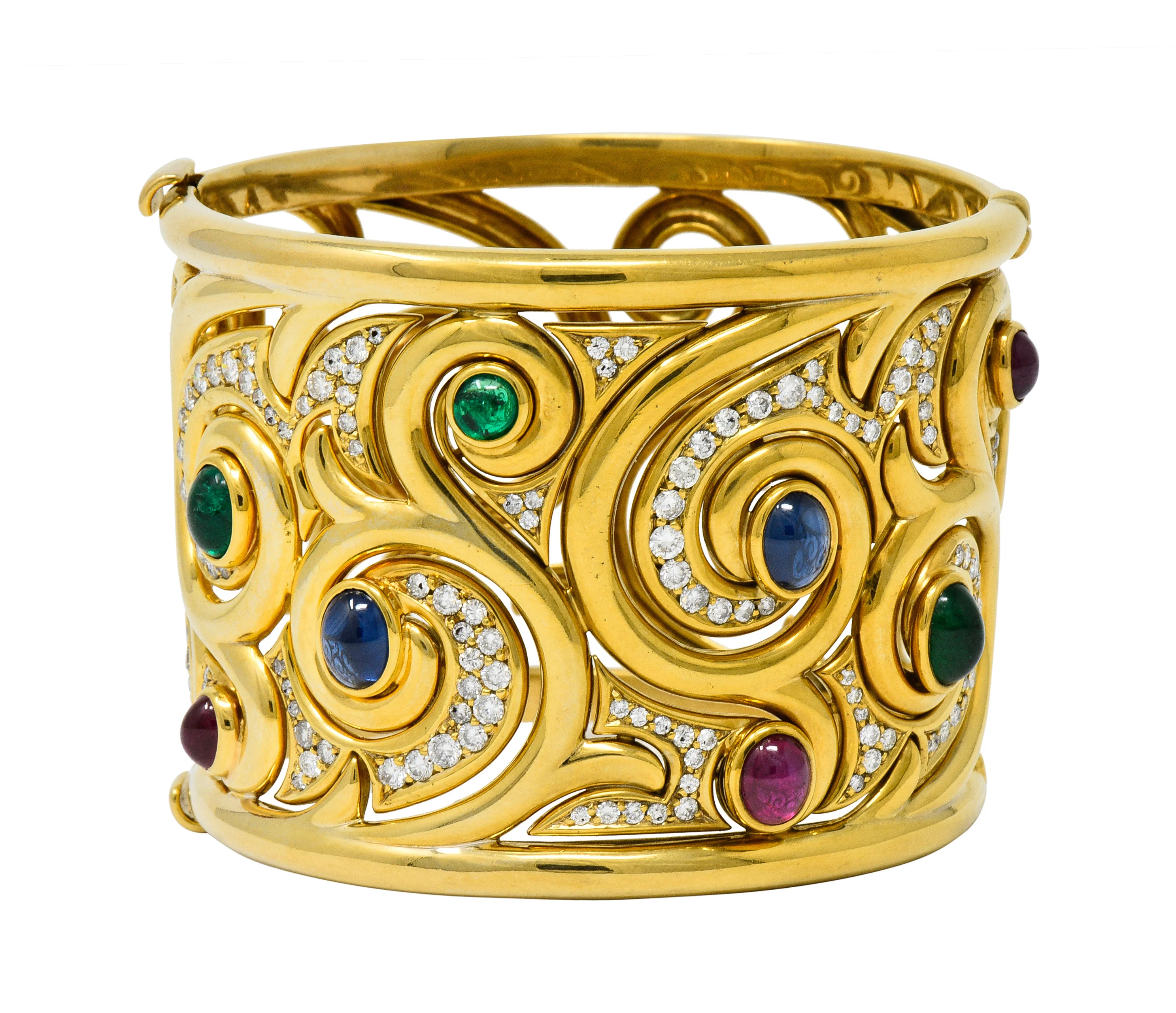 Substantial Bulgari Diamond Sapphire Ruby Emerald 18 Karat Gold Italian Filigree Bangle Bracelet