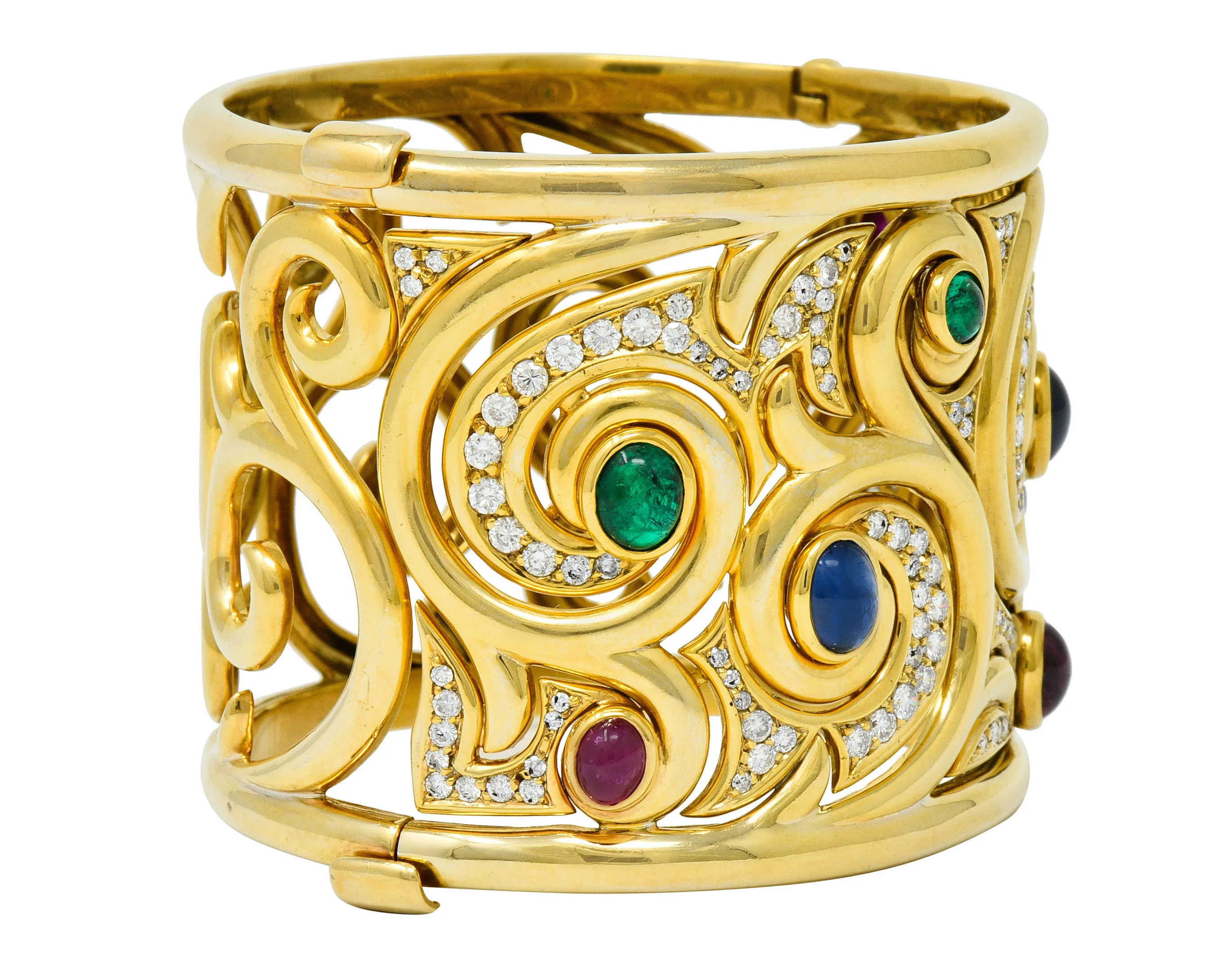 Substantial Bulgari Diamond Sapphire Ruby Emerald 18 Karat Gold Italian Filigree Bangle Bracelet - Image 2
