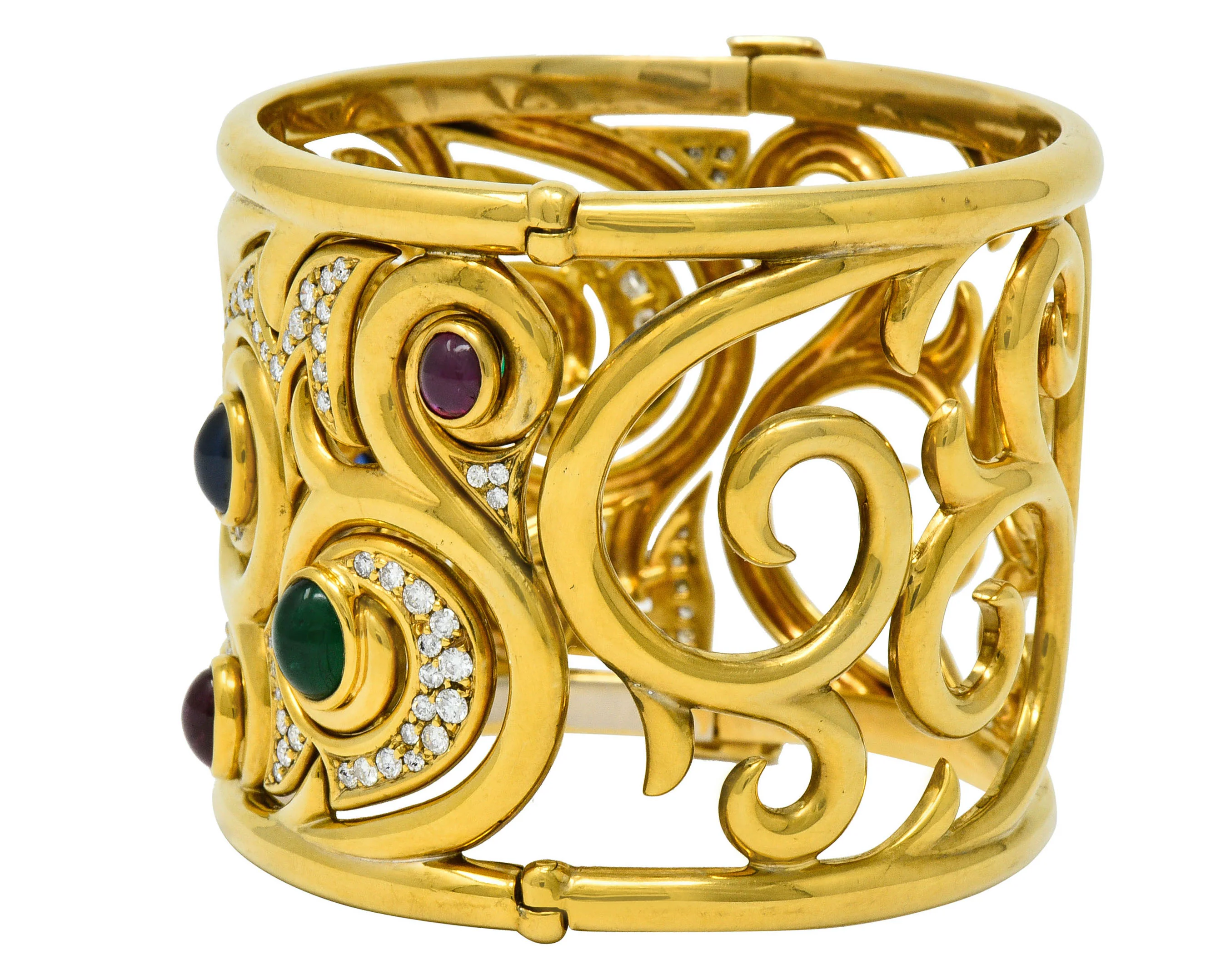 Substantial Bulgari Diamond Sapphire Ruby Emerald 18 Karat Gold Italian Filigree Bangle Bracelet - Image 5