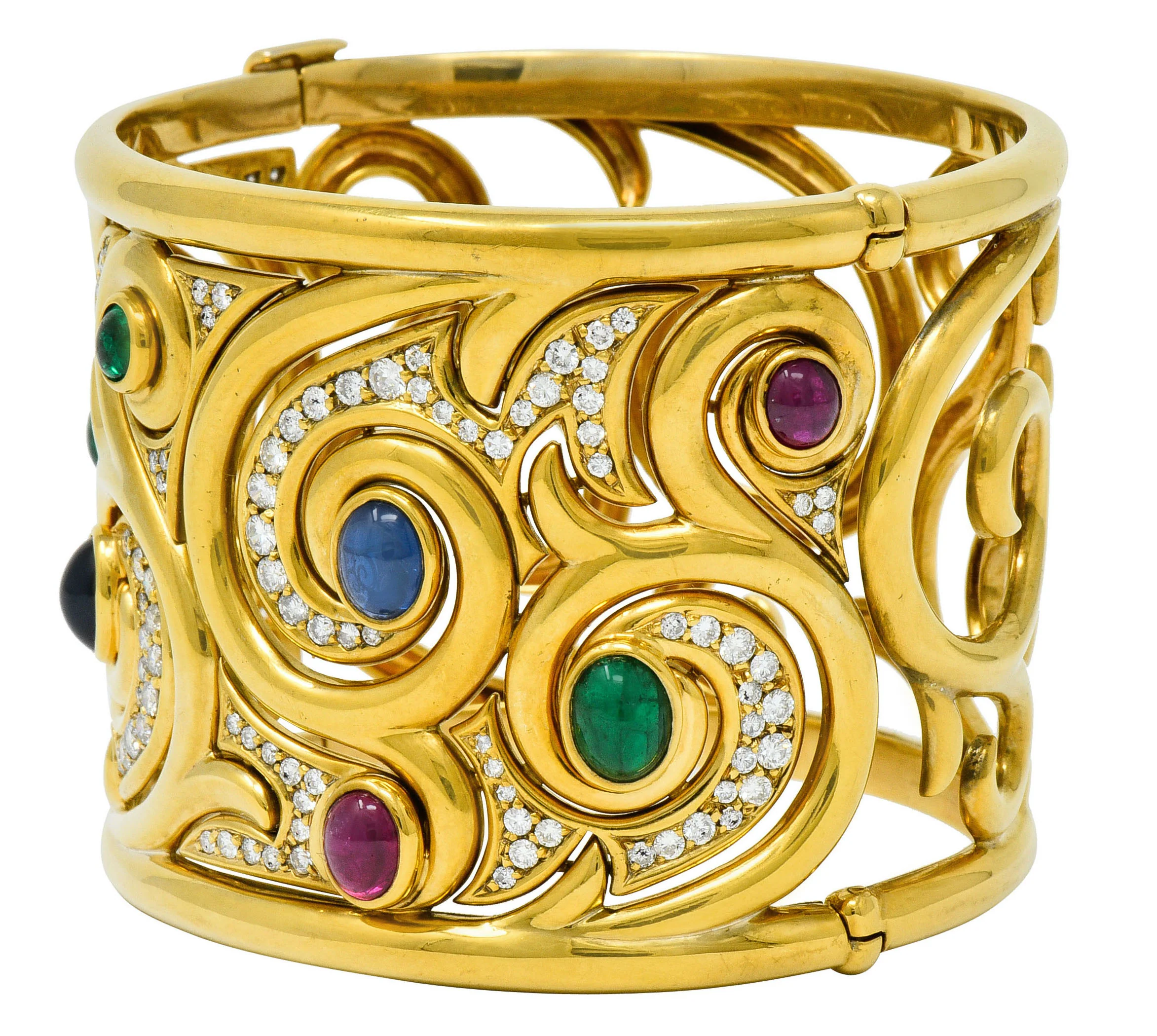 Substantial Bulgari Diamond Sapphire Ruby Emerald 18 Karat Gold Italian Filigree Bangle Bracelet - Image 6