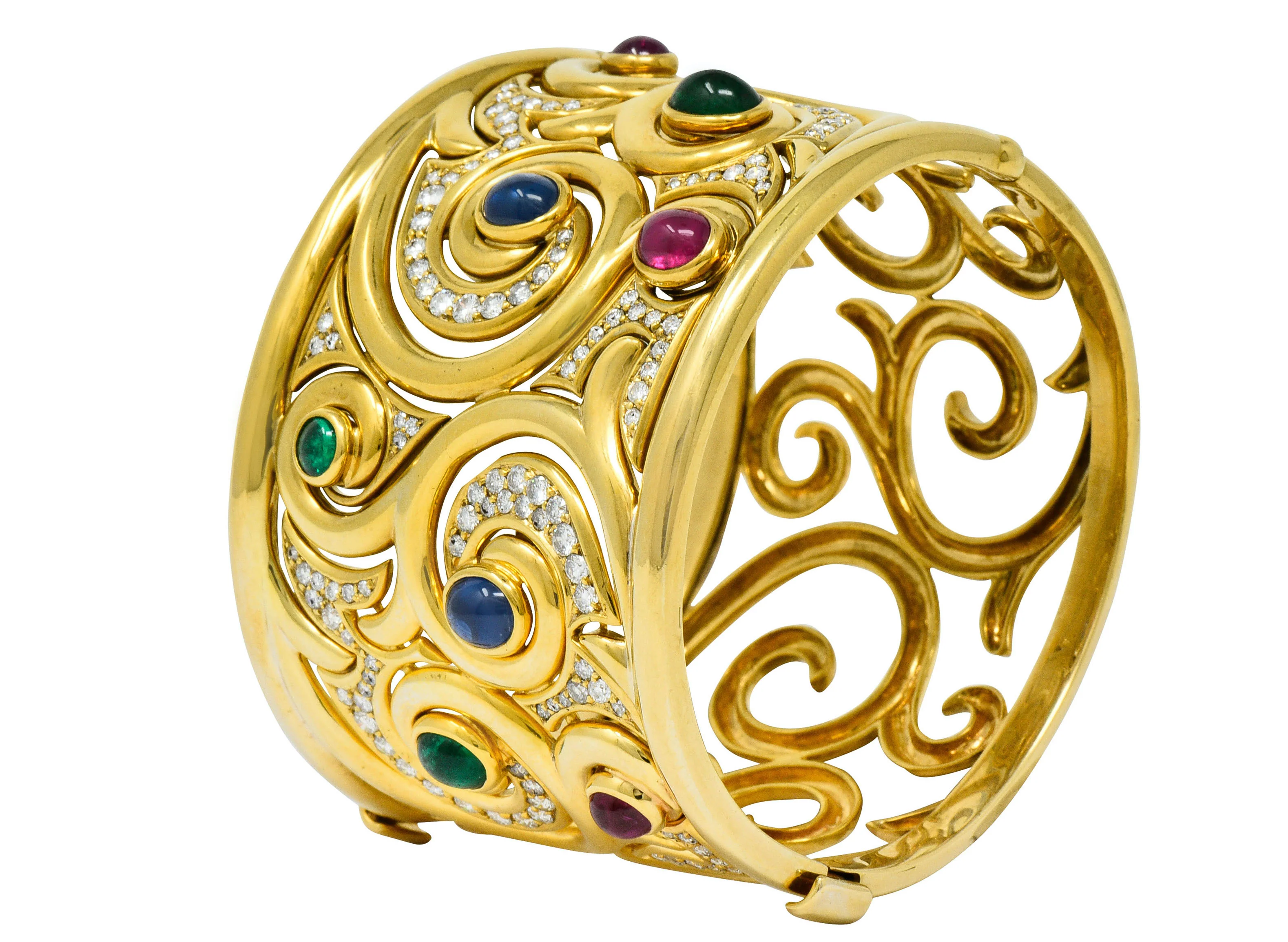 Substantial Bulgari Diamond Sapphire Ruby Emerald 18 Karat Gold Italian Filigree Bangle Bracelet - Image 8