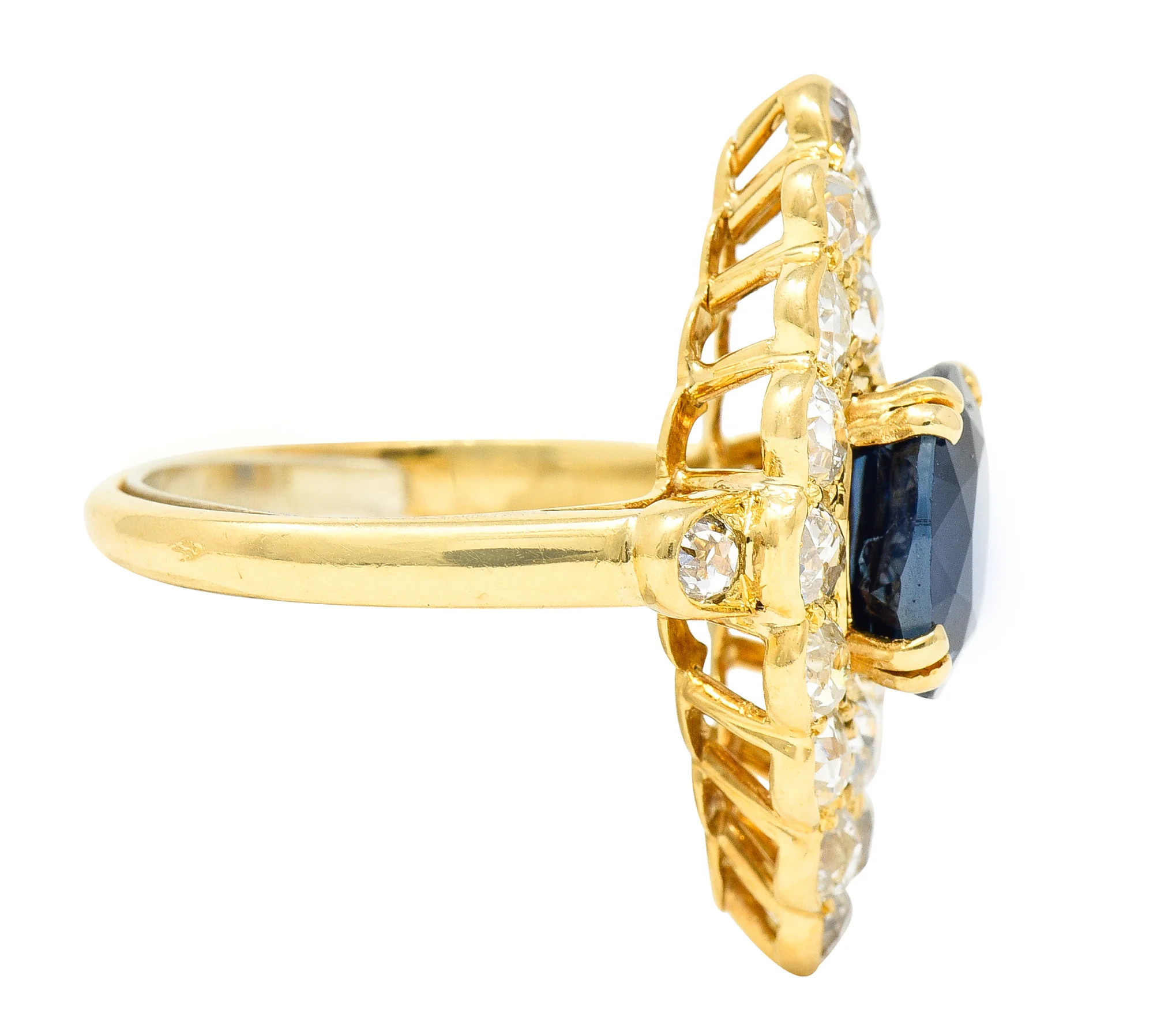 Substantial Chaumet Paris Mid-Century 6.35 CTW No Heat Sapphire Old Mine Cut Diamond 18 Karat Yellow Gold Vintage Navette Cluster Ring GIA - Image 3