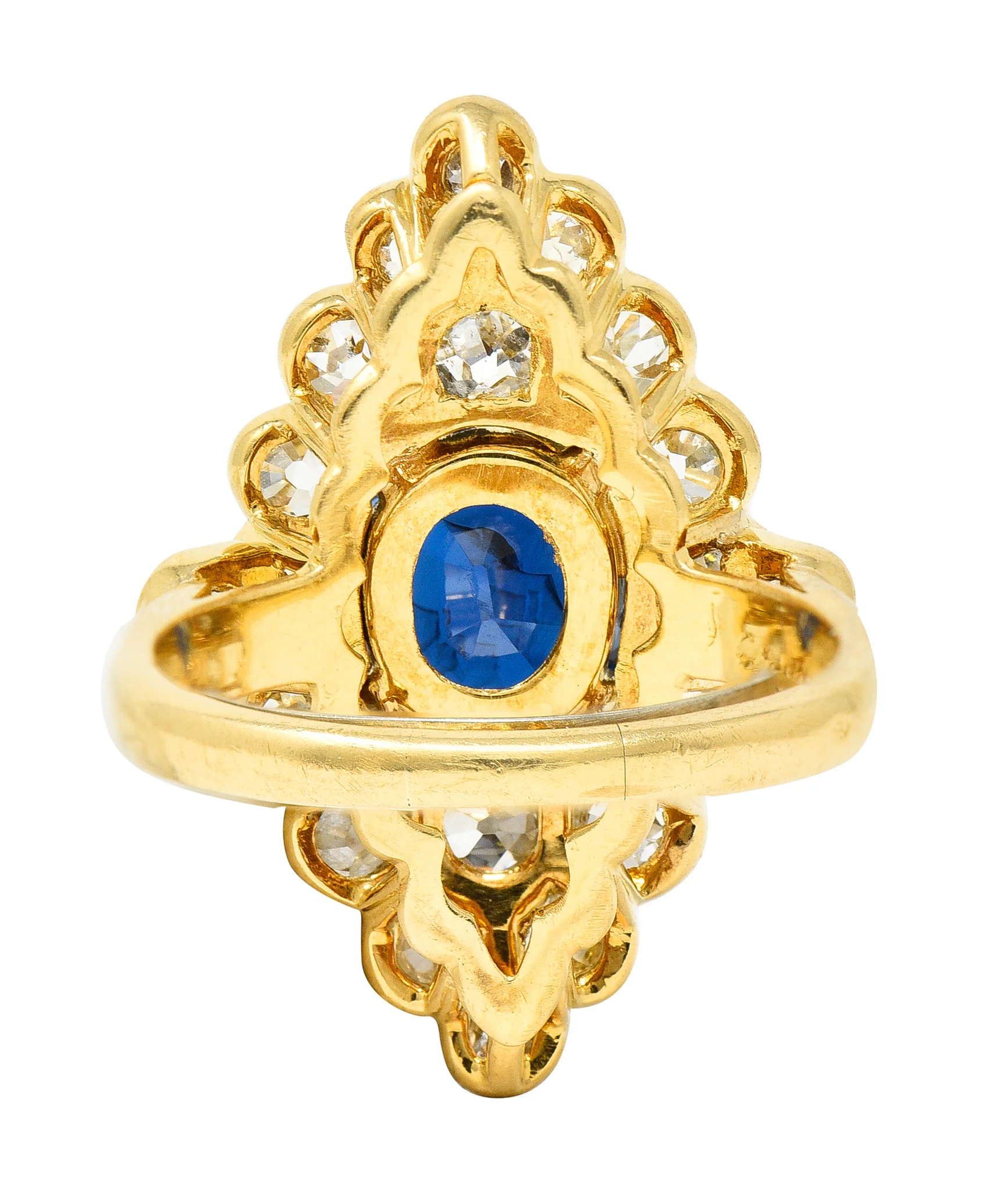 Substantial Chaumet Paris Mid-Century 6.35 CTW No Heat Sapphire Old Mine Cut Diamond 18 Karat Yellow Gold Vintage Navette Cluster Ring GIA - Image 4