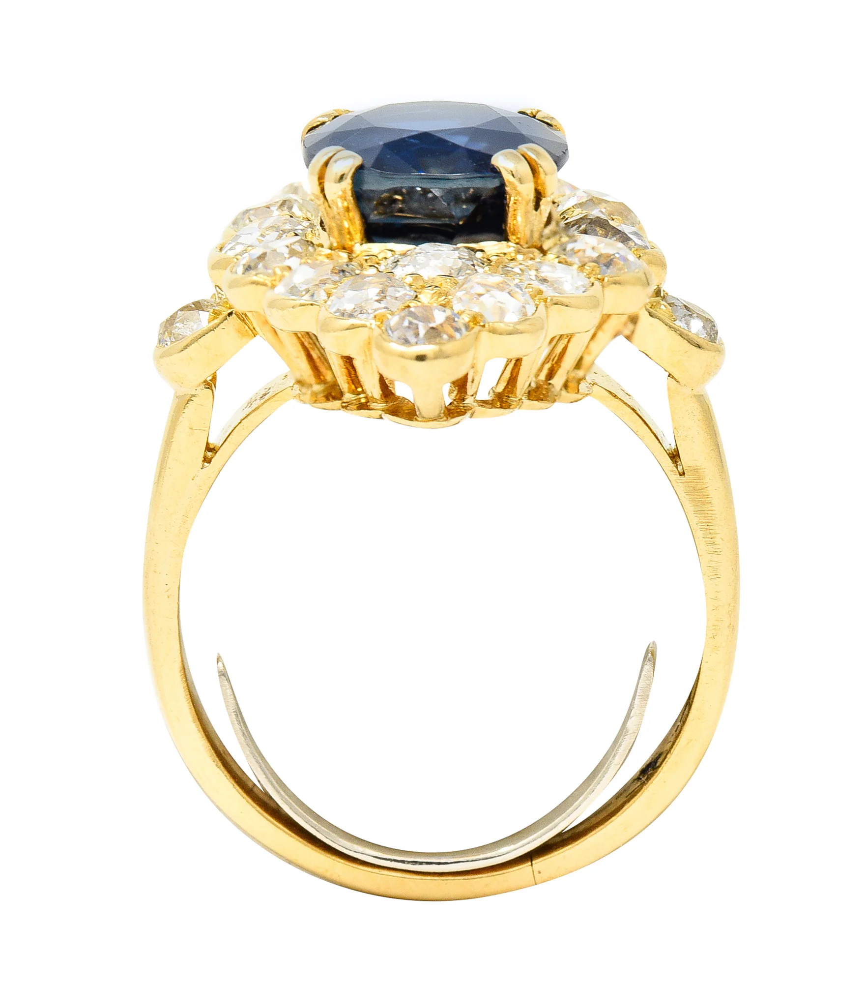 Substantial Chaumet Paris Mid-Century 6.35 CTW No Heat Sapphire Old Mine Cut Diamond 18 Karat Yellow Gold Vintage Navette Cluster Ring GIA - Image 9