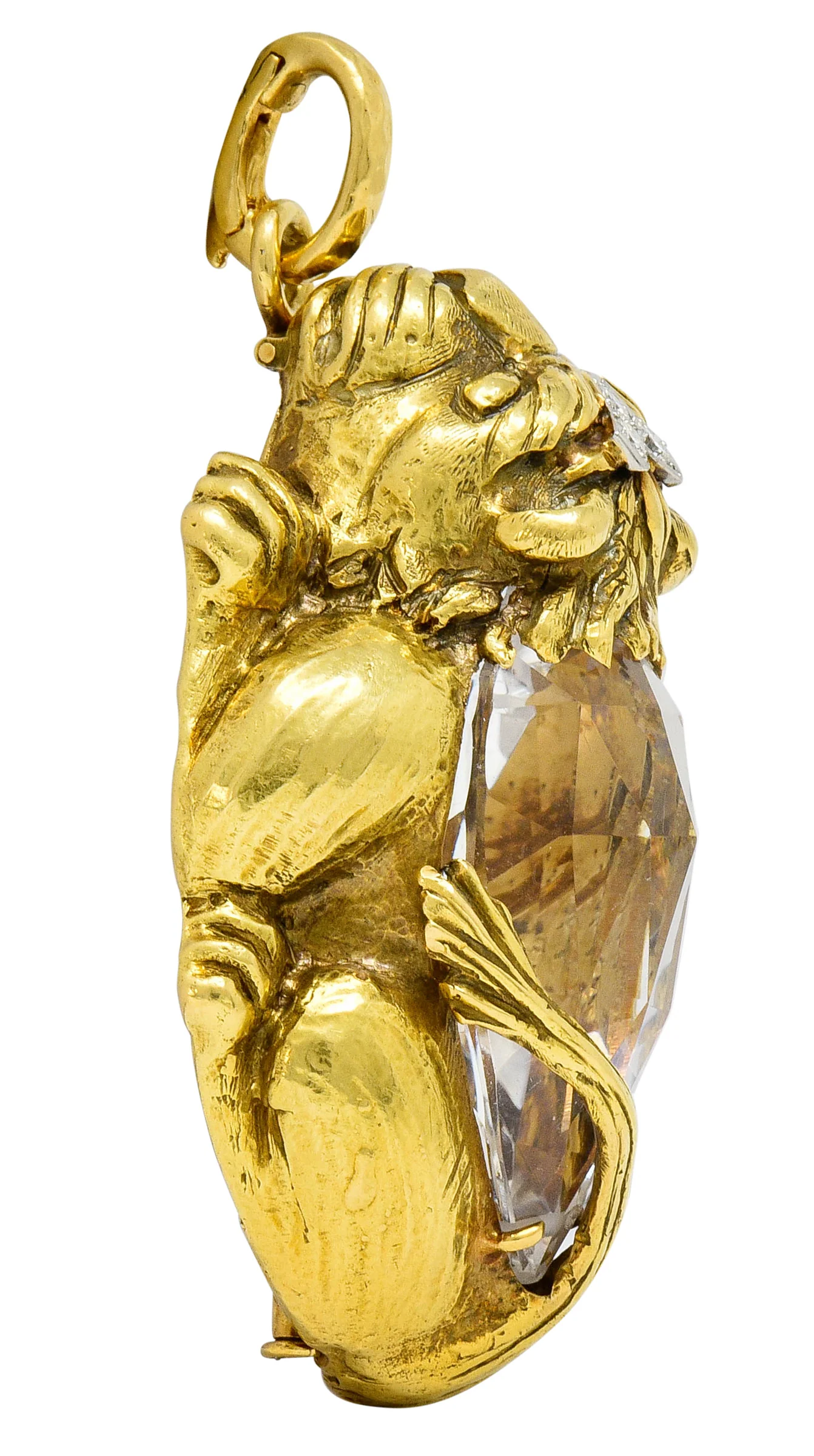 Substantial David Webb Diamond Rock Crystal 18 Karat Gold Lion Pendant Brooch - Image 5