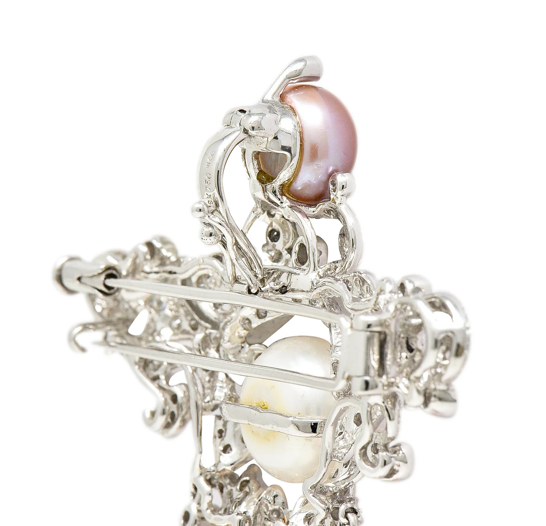 Substantial Diamond Pearl 18 Karat White Gold Baroque Style Stomacher Enhancer Pendant Brooch - Image 7