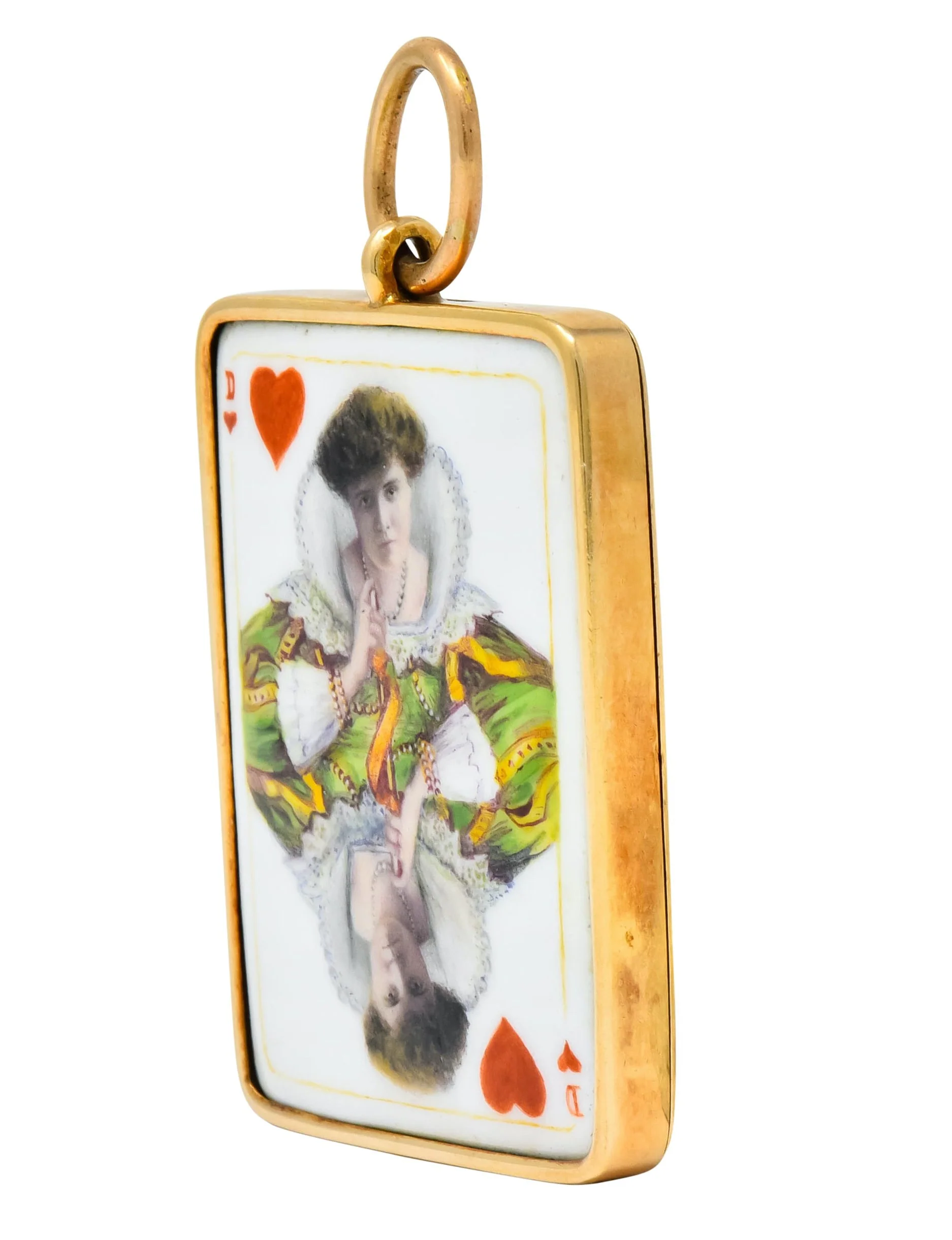 Substantial French Victorian Enamel 14 Karat Yellow Gold Queen Playing Card Pendant - Image 2