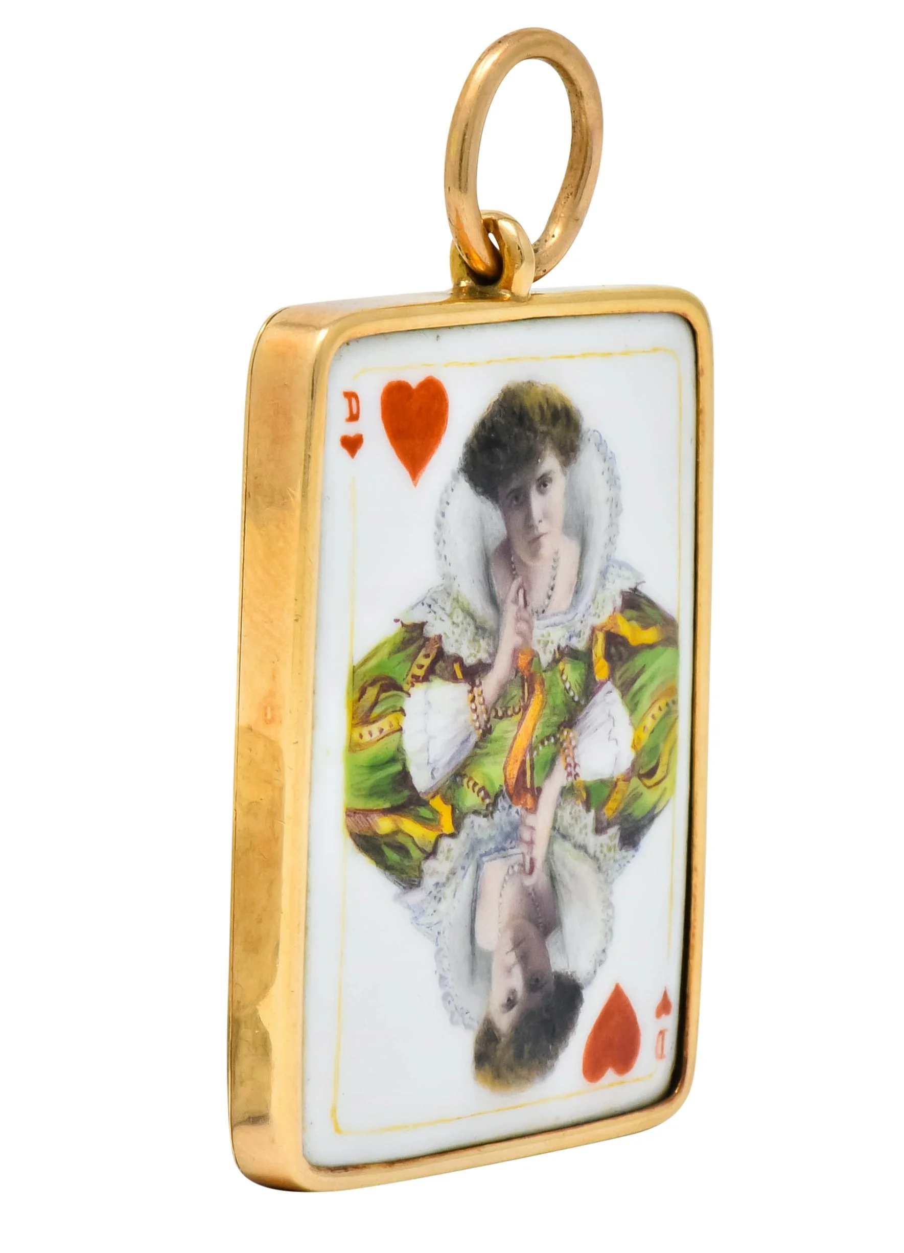Substantial French Victorian Enamel 14 Karat Yellow Gold Queen Playing Card Pendant - Image 3