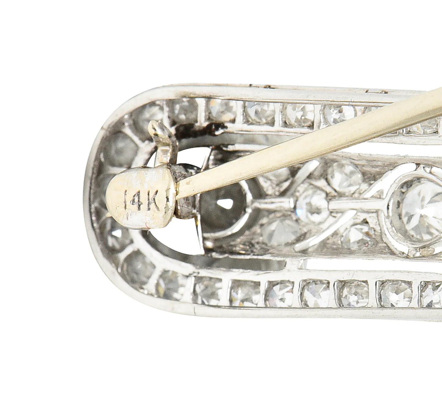 Substantial T.B. & Starr Inc. Edwardian 4.70 CTW Diamond 14 Karat Gold Antique Curved Bar Brooch - Image 6