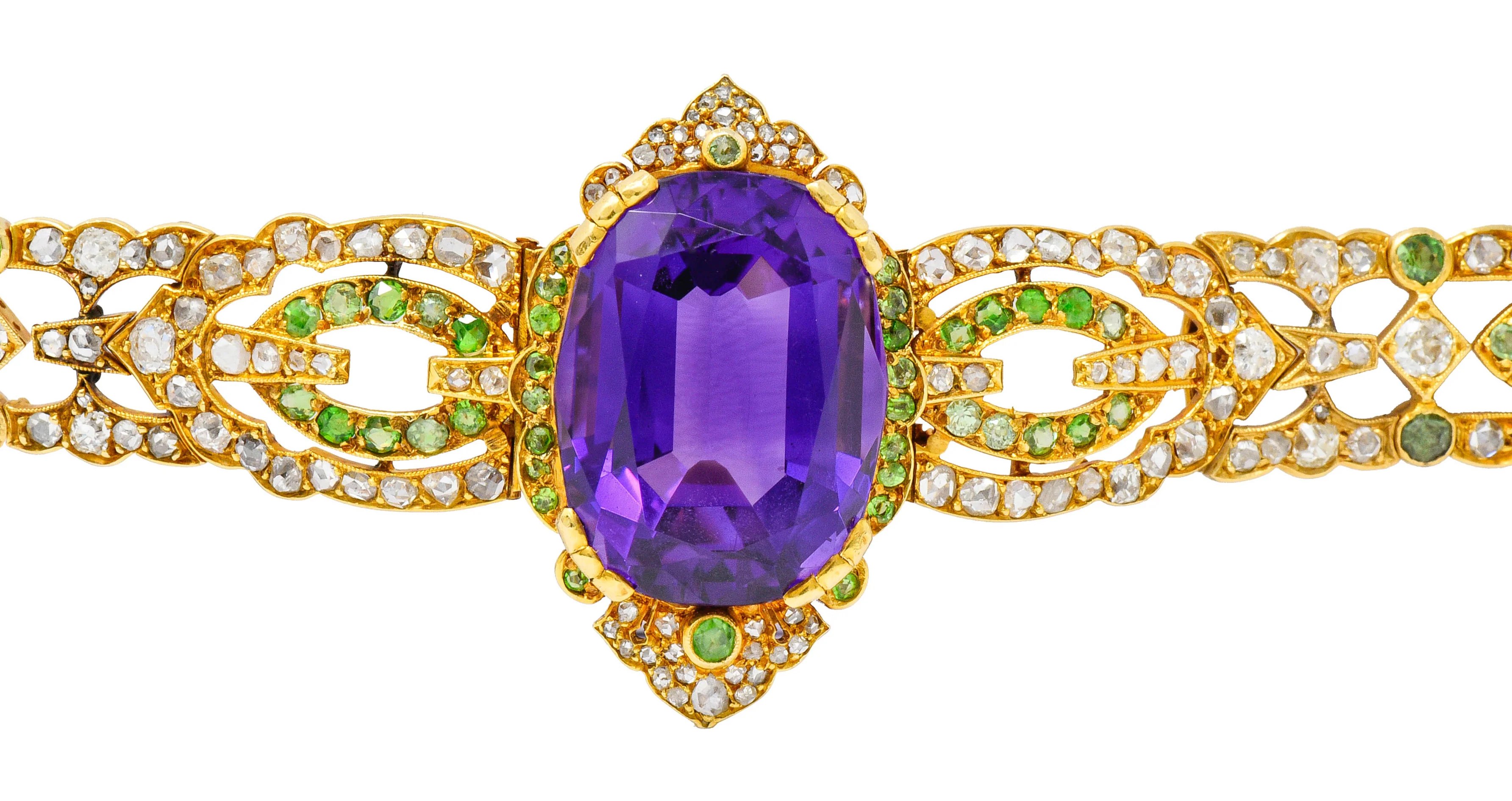 Suffragette Amethyst Demantoid Garnet Diamond 18 Karat Gold Decorous Bracelet - Image 10