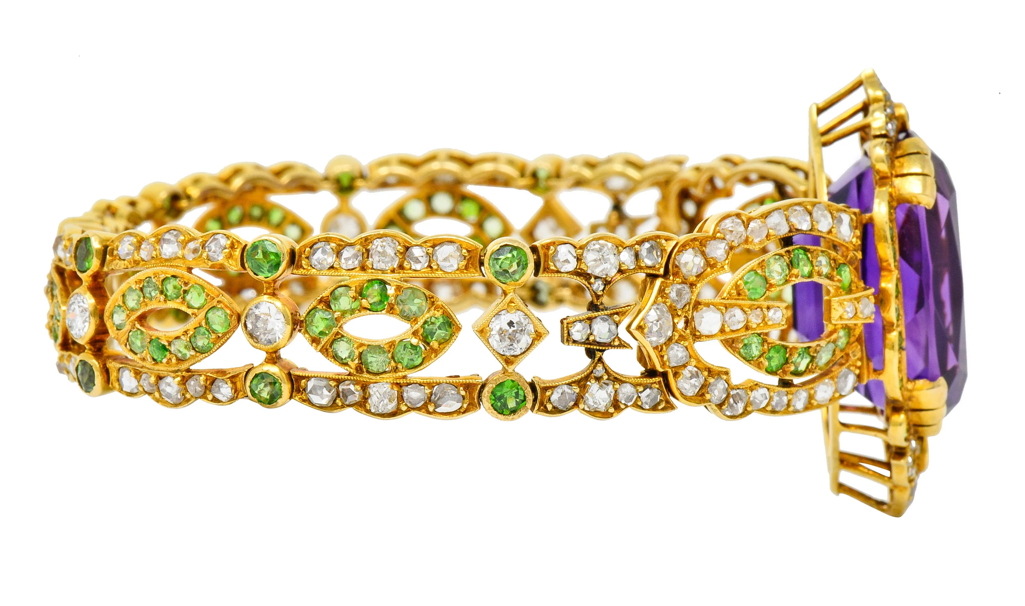 Suffragette Amethyst Demantoid Garnet Diamond 18 Karat Gold Decorous Bracelet - Image 4