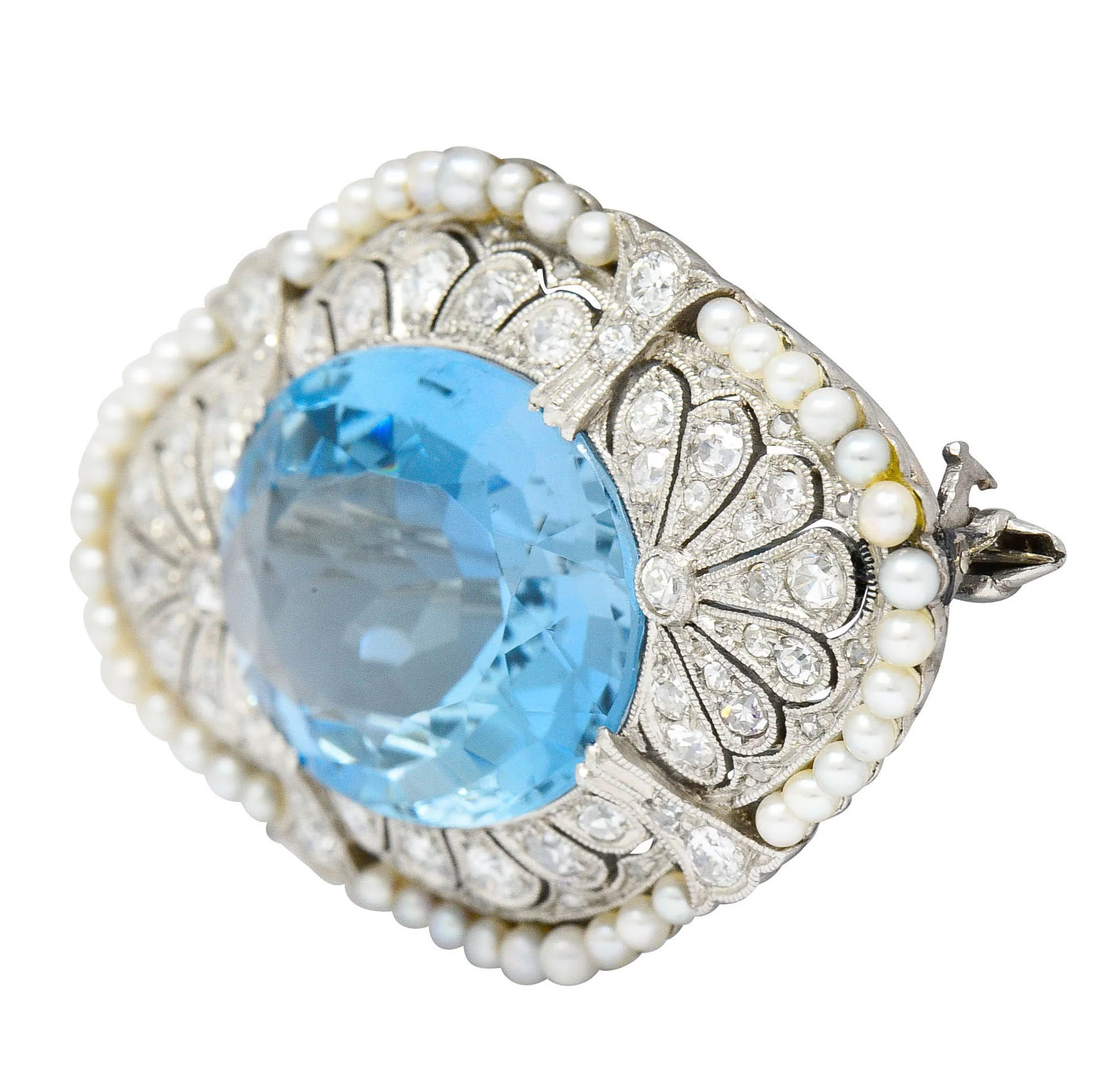 Swiss Edwardian 15.55 CTW Aquamarine Diamond Pearl Platinum Brooch - Image 3