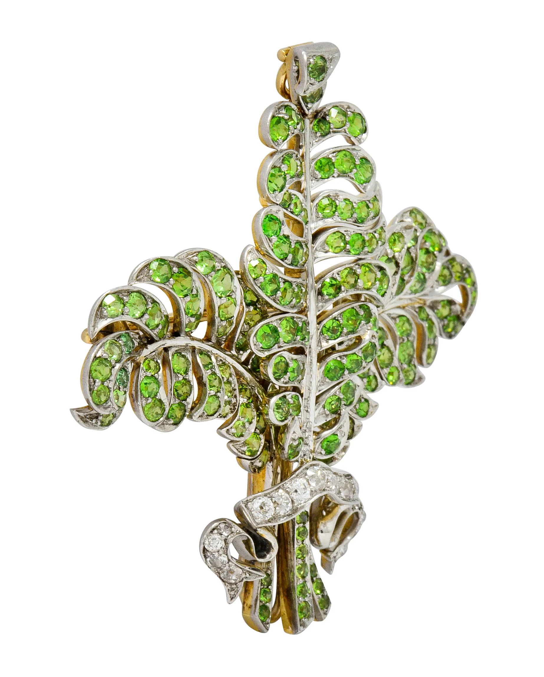 T.B. Starr Demantoid Garnet Diamond Platinum 18 Karat Gold Fern Edwardian Pendant Brooch - Image 6
