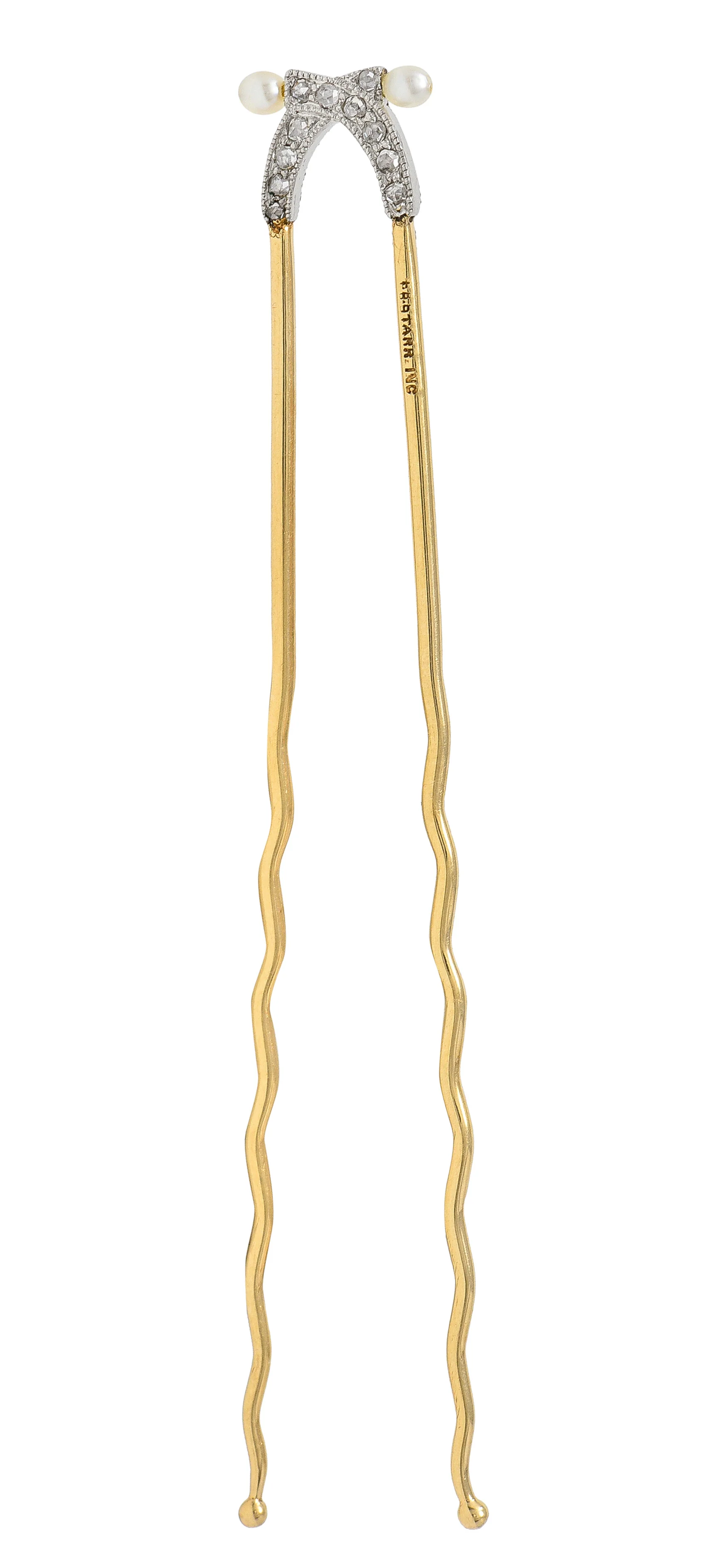 T.B. Starr Edwardian Diamond Pearl Platinum 18 Karat Yellow Gold Antique Wedding Hairpin Hair Piece - Image 3