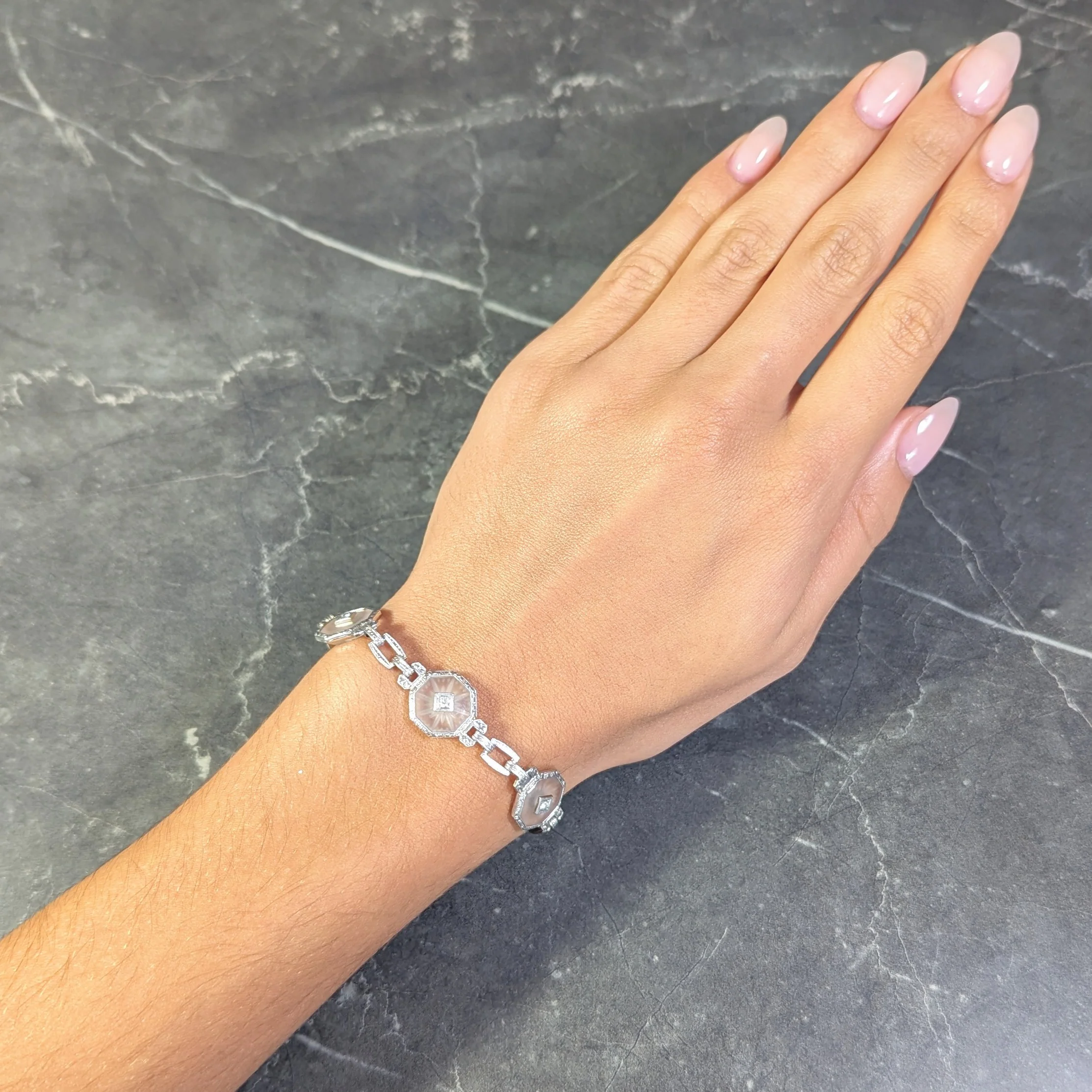 Taylor & Co. Art Deco Diamond Camphor Glass 18 Karat White Gold Link Bracelet - Image 10