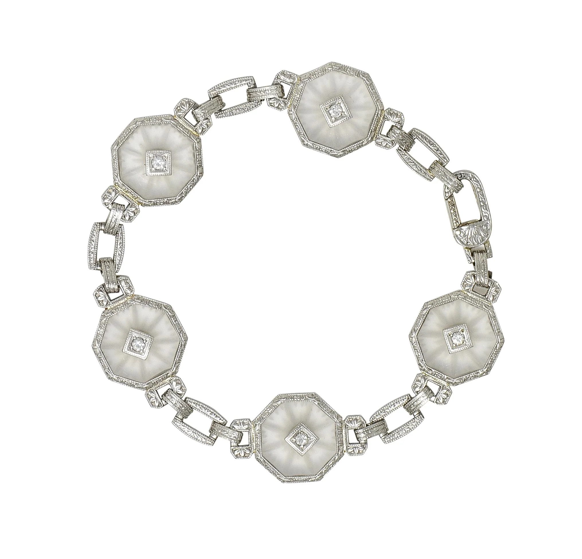 Taylor & Co. Art Deco Diamond Camphor Glass 18 Karat White Gold Link Bracelet - Image 2