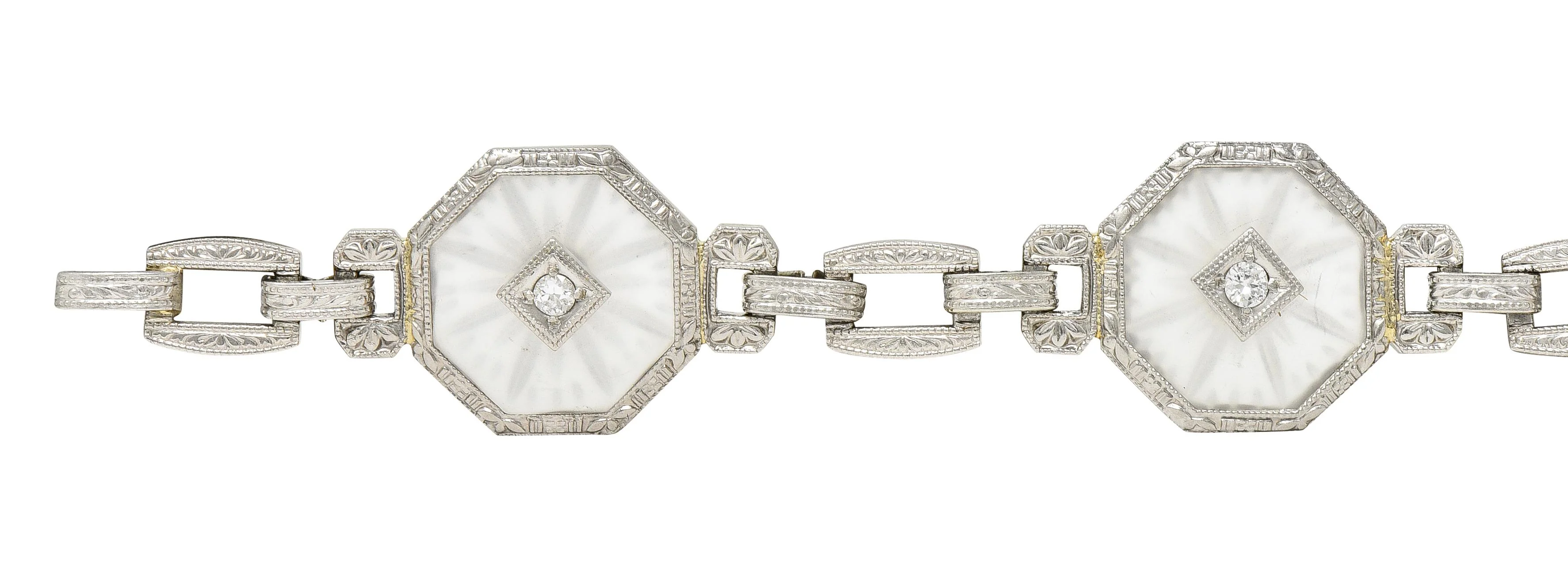 Taylor & Co. Art Deco Diamond Camphor Glass 18 Karat White Gold Link Bracelet - Image 3