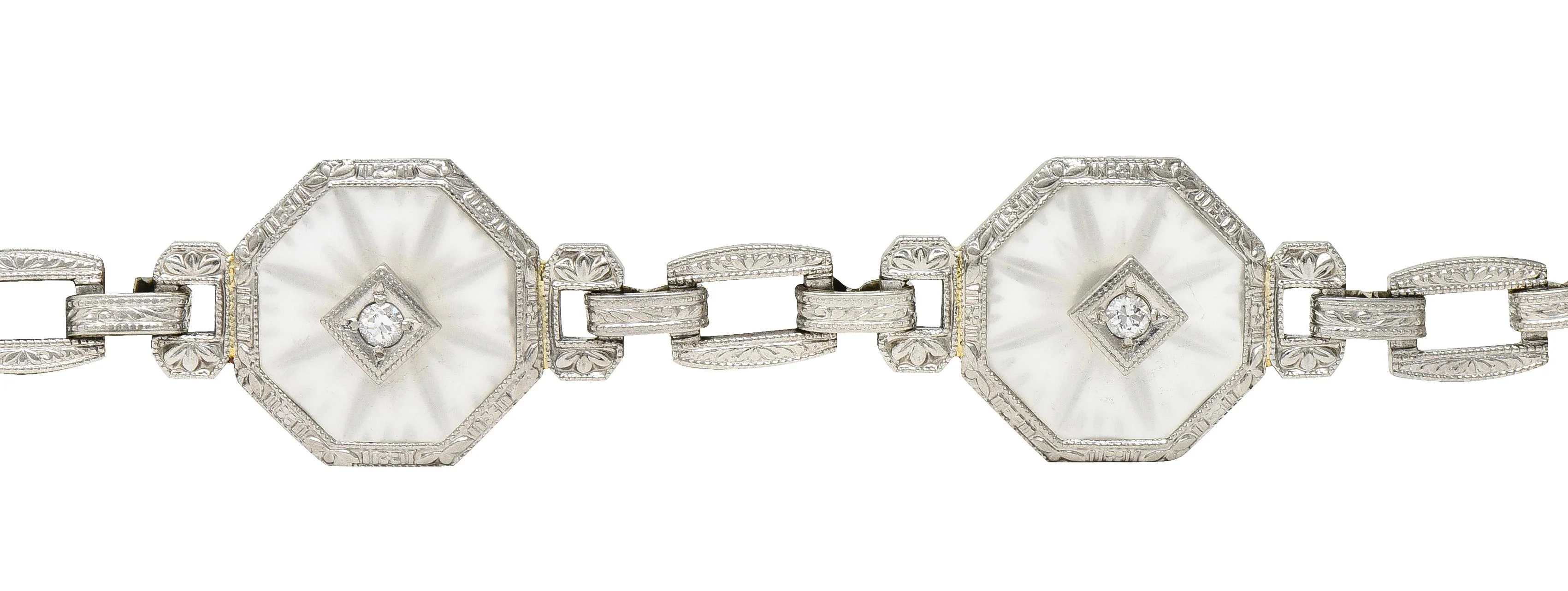 Taylor & Co. Art Deco Diamond Camphor Glass 18 Karat White Gold Link Bracelet - Image 4