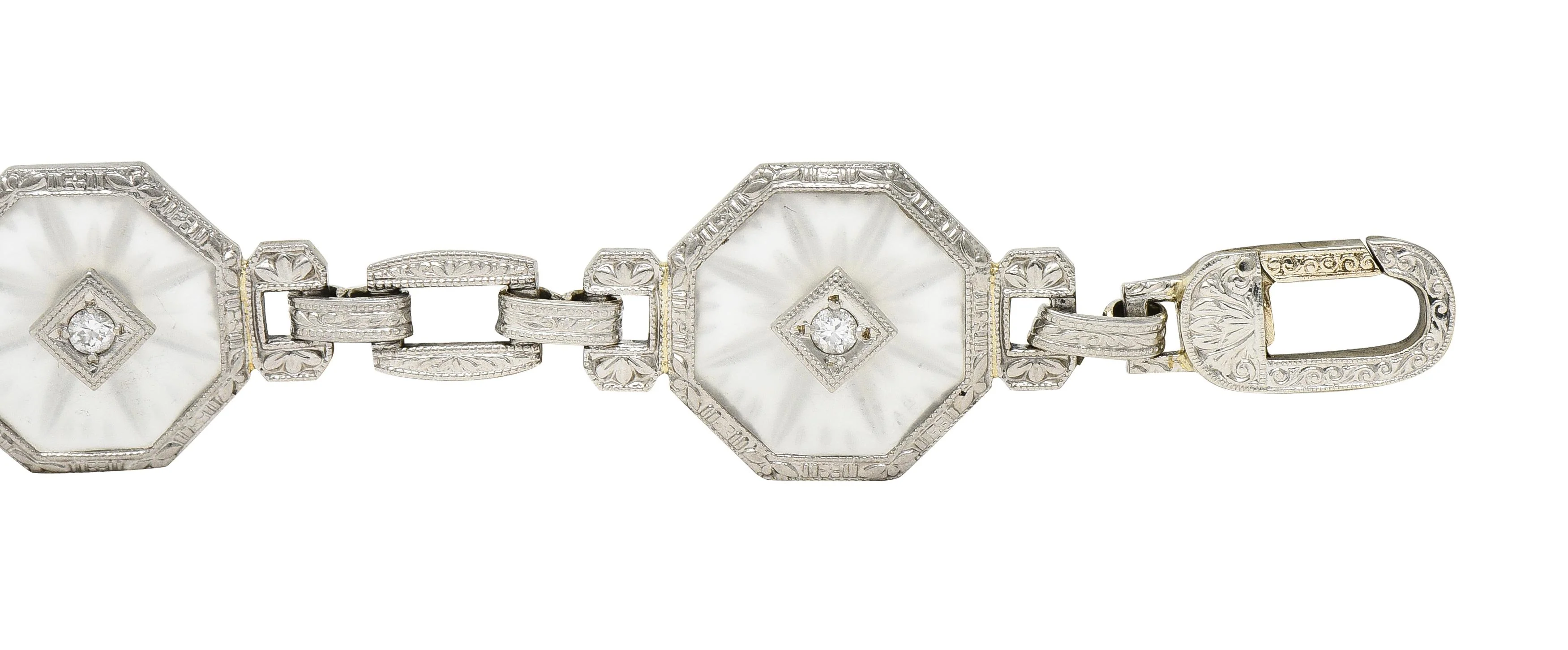 Taylor & Co. Art Deco Diamond Camphor Glass 18 Karat White Gold Link Bracelet - Image 5