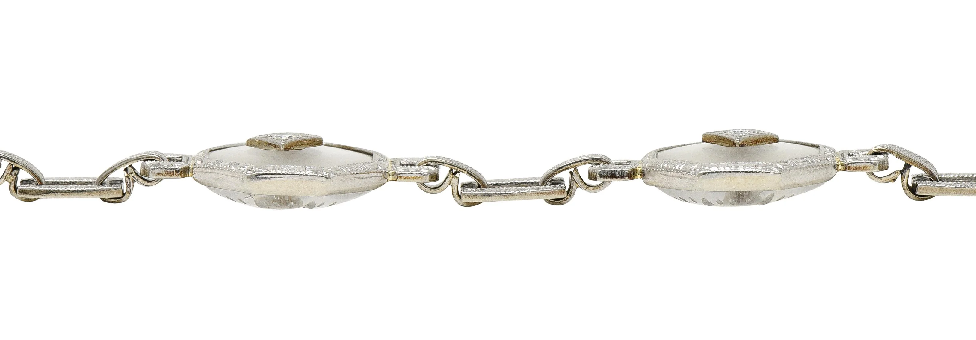 Taylor & Co. Art Deco Diamond Camphor Glass 18 Karat White Gold Link Bracelet - Image 7