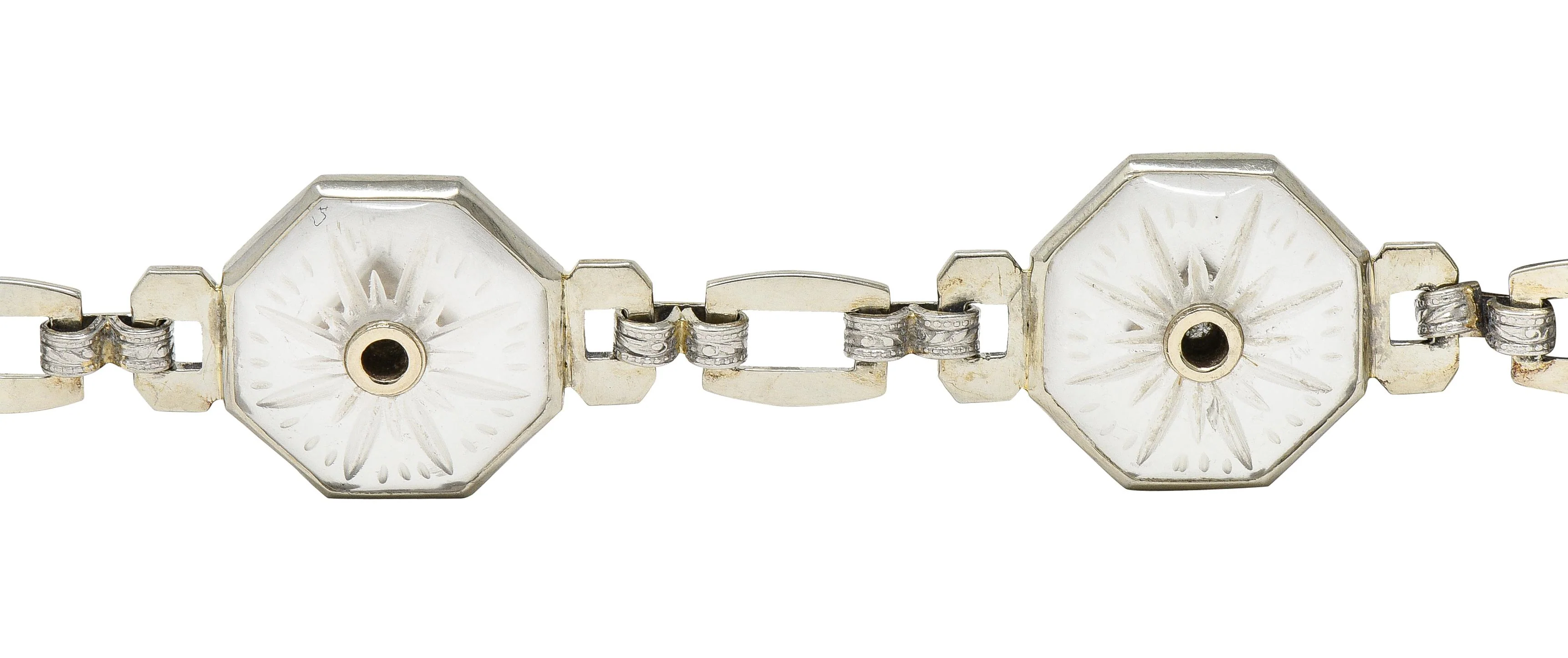 Taylor & Co. Art Deco Diamond Camphor Glass 18 Karat White Gold Link Bracelet - Image 8