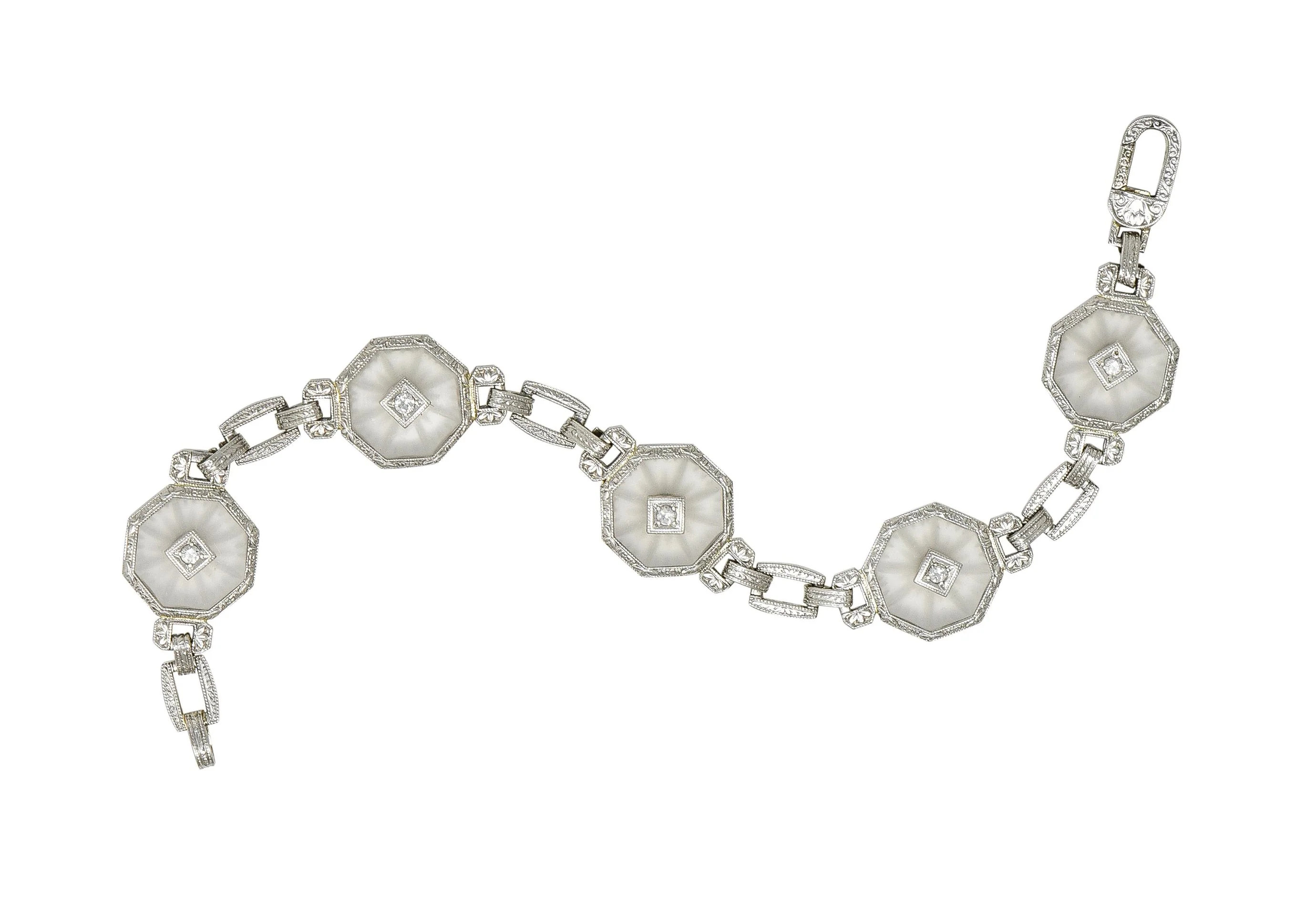 Taylor & Co. Art Deco Diamond Camphor Glass 18 Karat White Gold Link Bracelet - Image 9