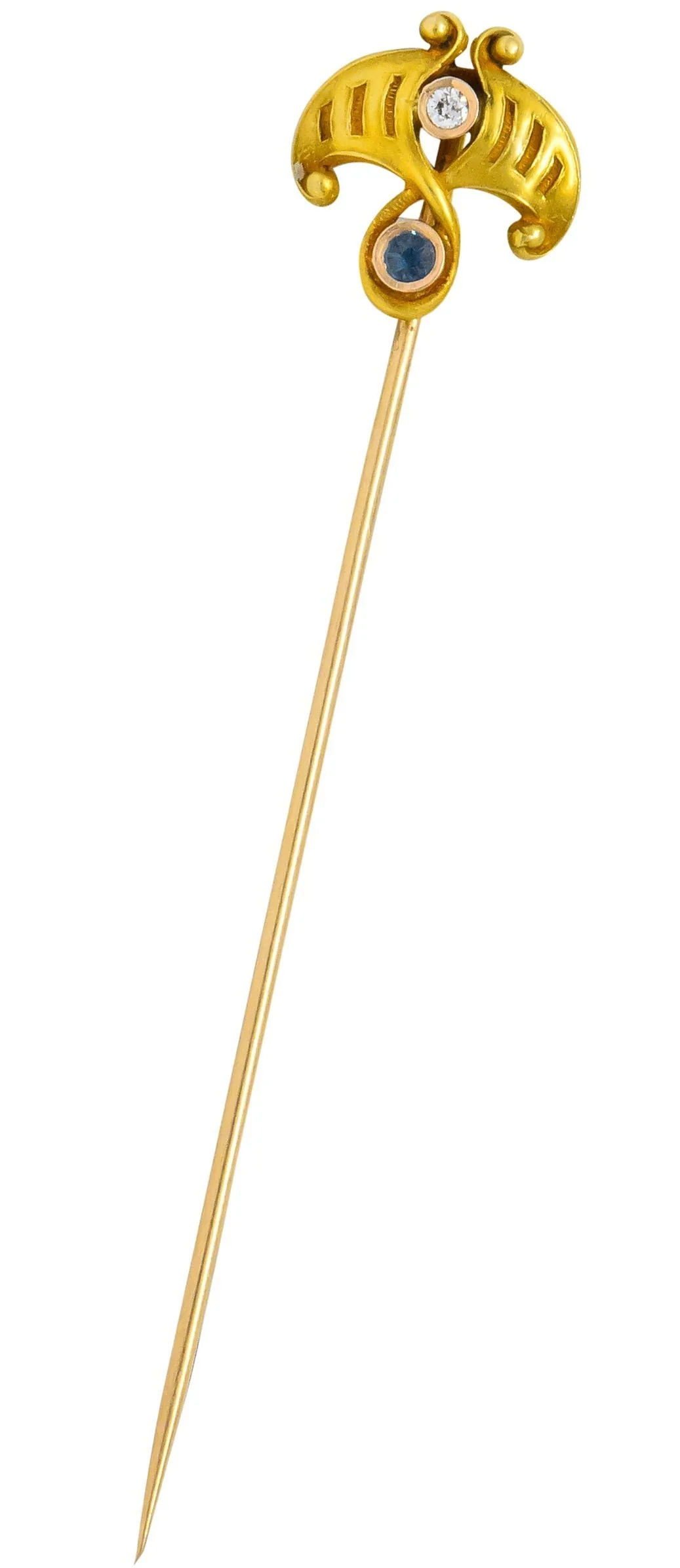 Theberath & Co. Art Nouveau Diamond Sapphire 14 Karat Gold Ginkgo Foliate Stickpin - Image 5