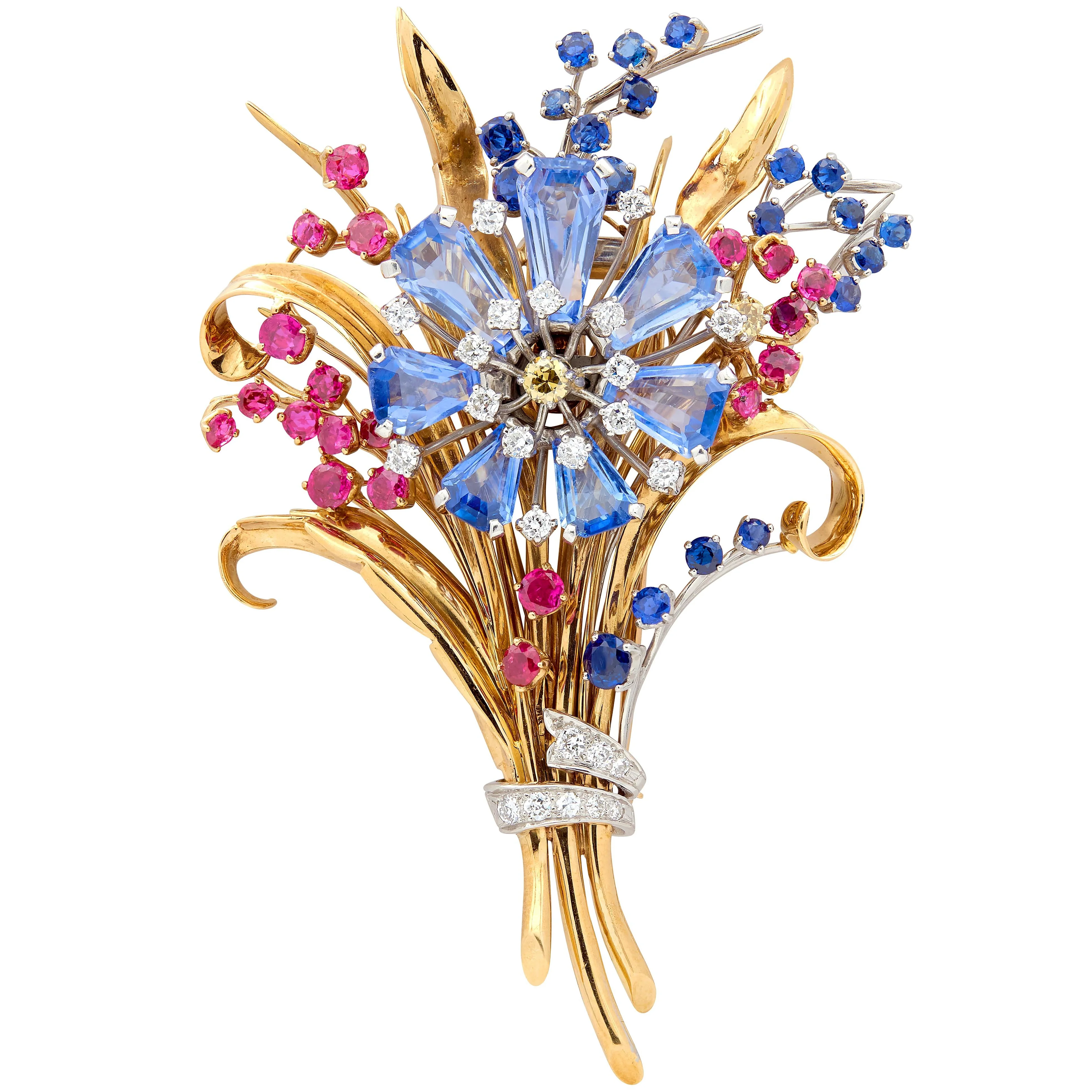 Tiffany & Co. 1940's Retro Diamond Sapphire Ruby 18 Karat Two-Tone Gold Vintage Floral Bouquet Brooch