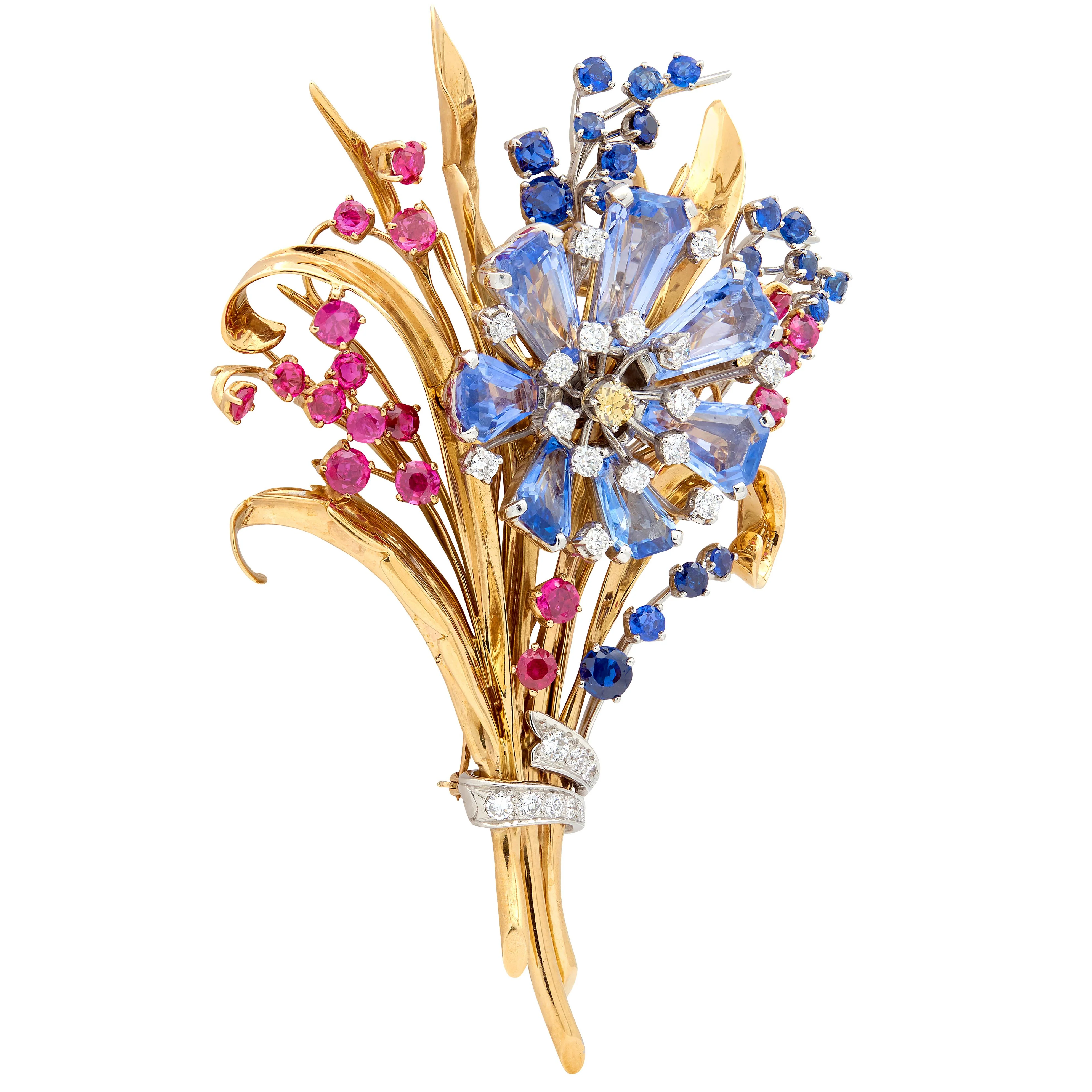 Tiffany & Co. 1940's Retro Diamond Sapphire Ruby 18 Karat Two-Tone Gold Vintage Floral Bouquet Brooch - Image 3