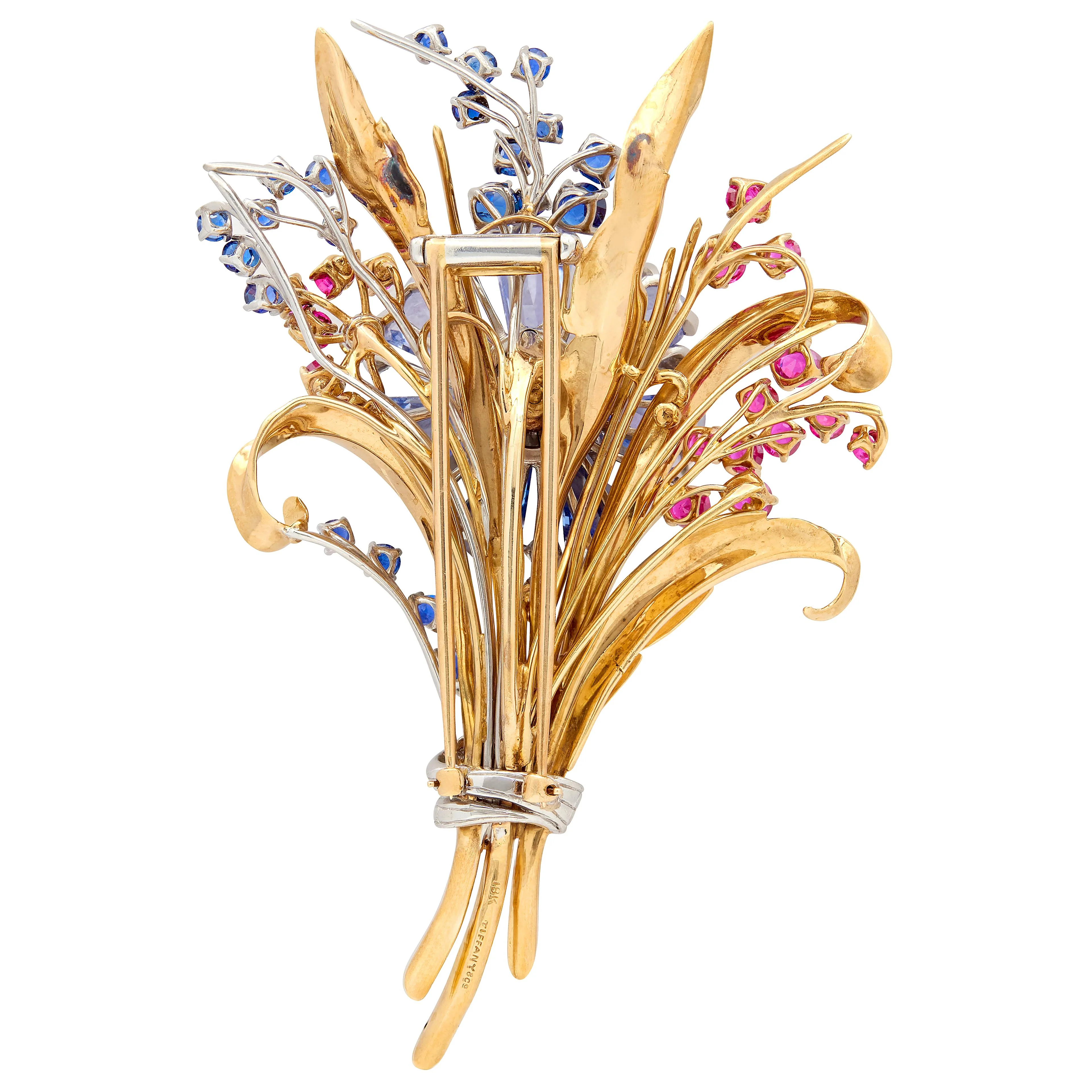 Tiffany & Co. 1940's Retro Diamond Sapphire Ruby 18 Karat Two-Tone Gold Vintage Floral Bouquet Brooch - Image 4