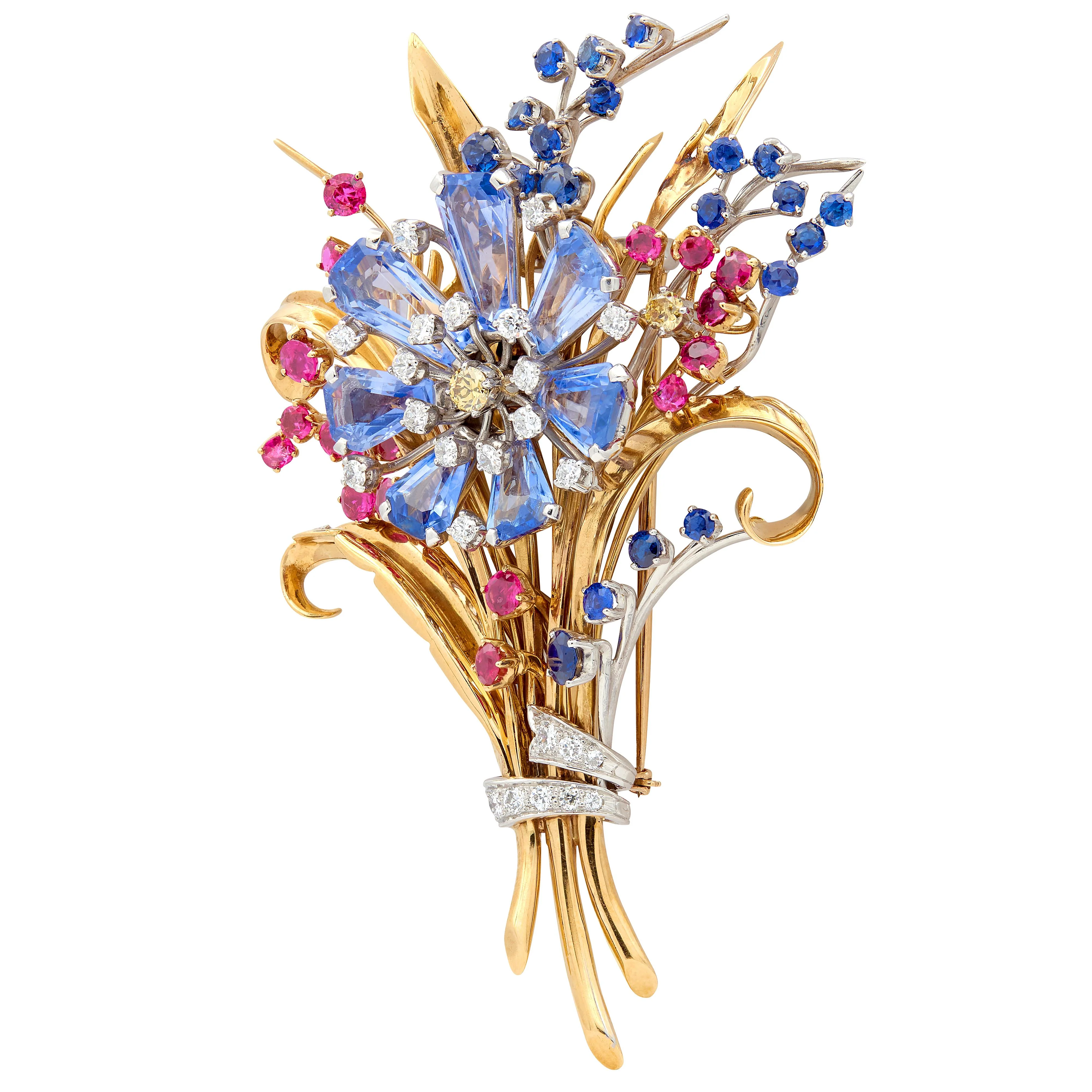 Tiffany & Co. 1940's Retro Diamond Sapphire Ruby 18 Karat Two-Tone Gold Vintage Floral Bouquet Brooch - Image 5