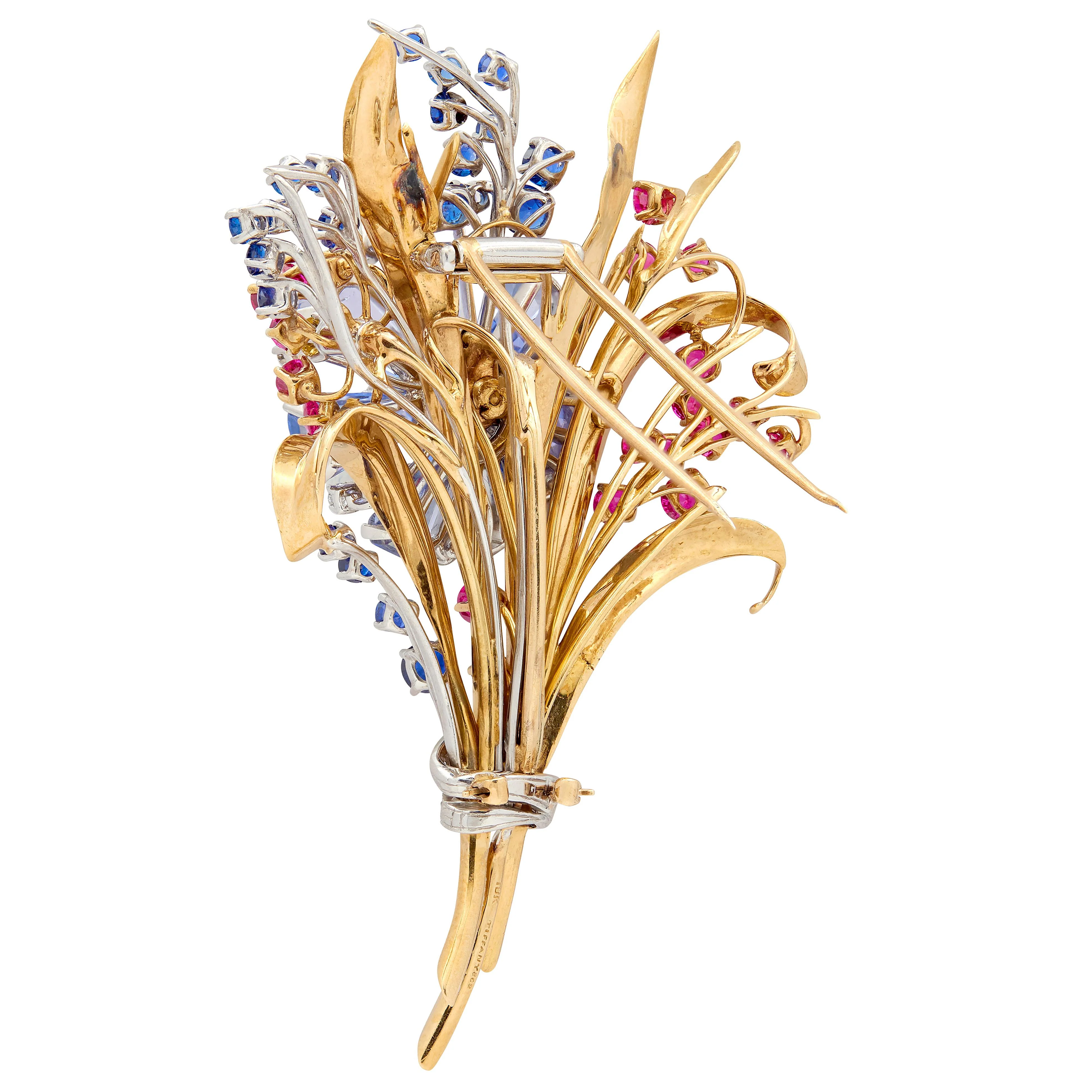 Tiffany & Co. 1940's Retro Diamond Sapphire Ruby 18 Karat Two-Tone Gold Vintage Floral Bouquet Brooch - Image 6