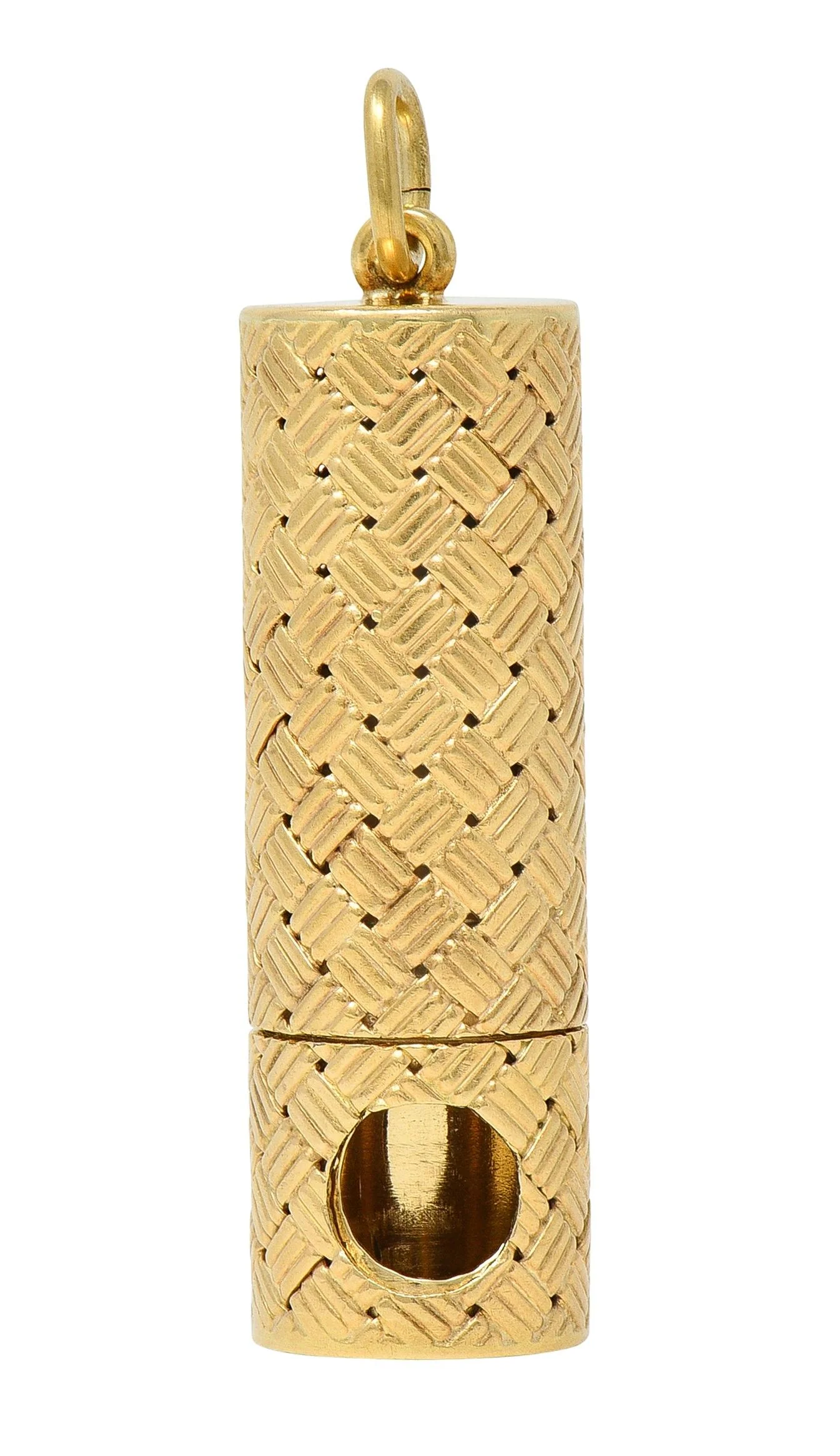 Tiffany & Co. 1950's 14 Karat Yellow Gold Vintage Basket Weave Pill Case Pendant - Image 3