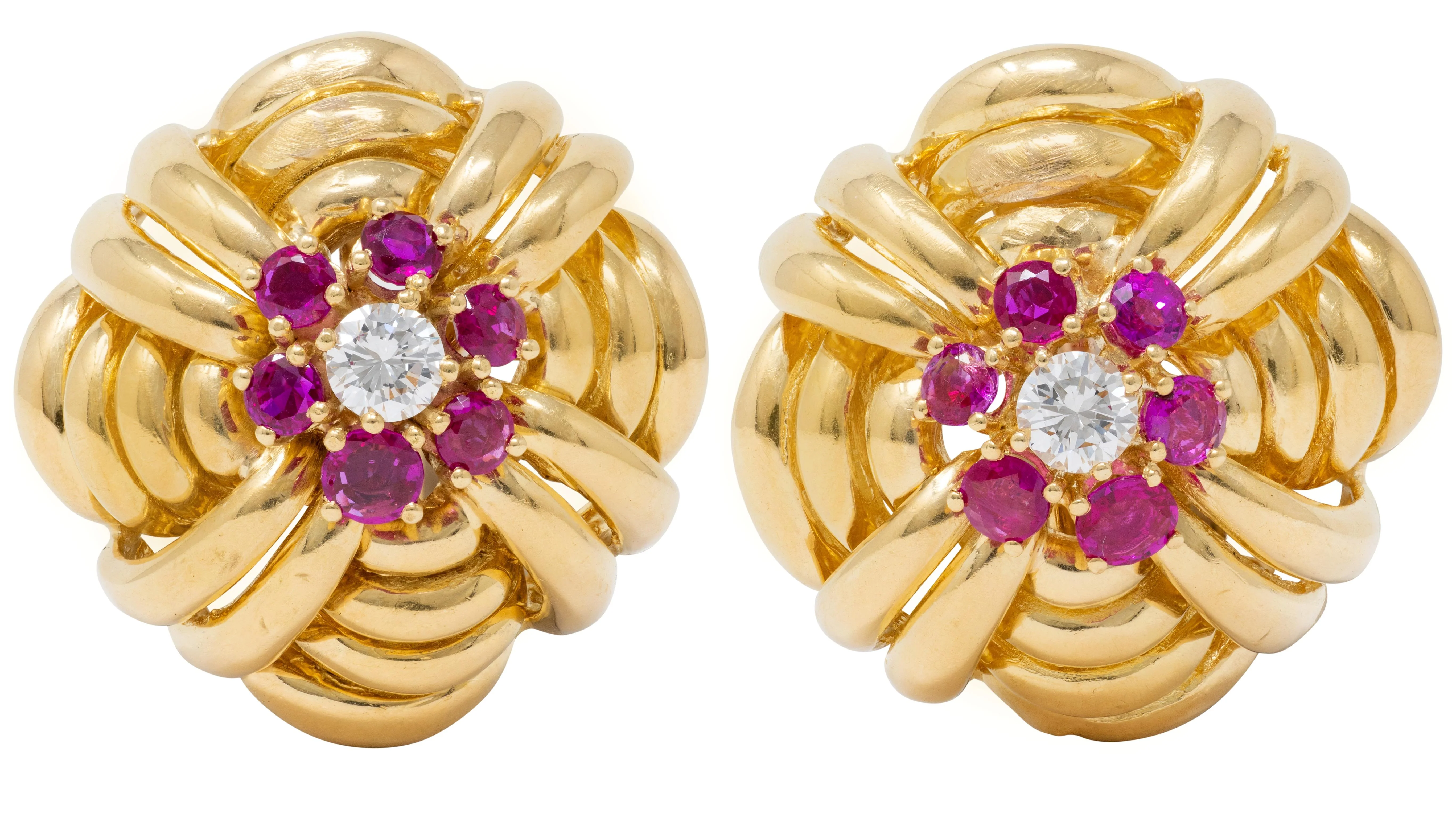 Tiffany & Co. 1960's Diamond Ruby 18 Karat Yellow Gold Vintage Woven Knot Earrings
