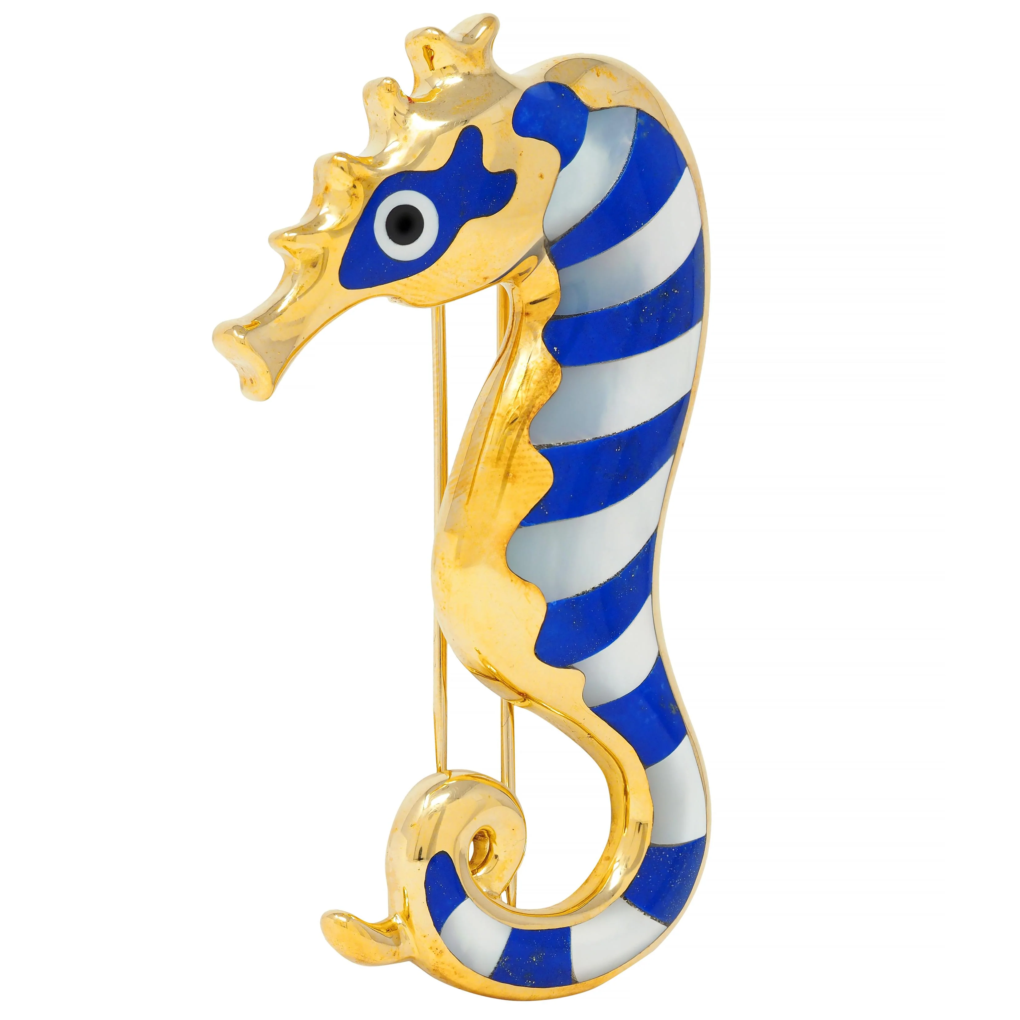 Tiffany & Co. 1970's Lapis Lazuli Mother-Of-Pearl Onyx 18 Karat Gold Vintage Seahorse Brooch - Image 3