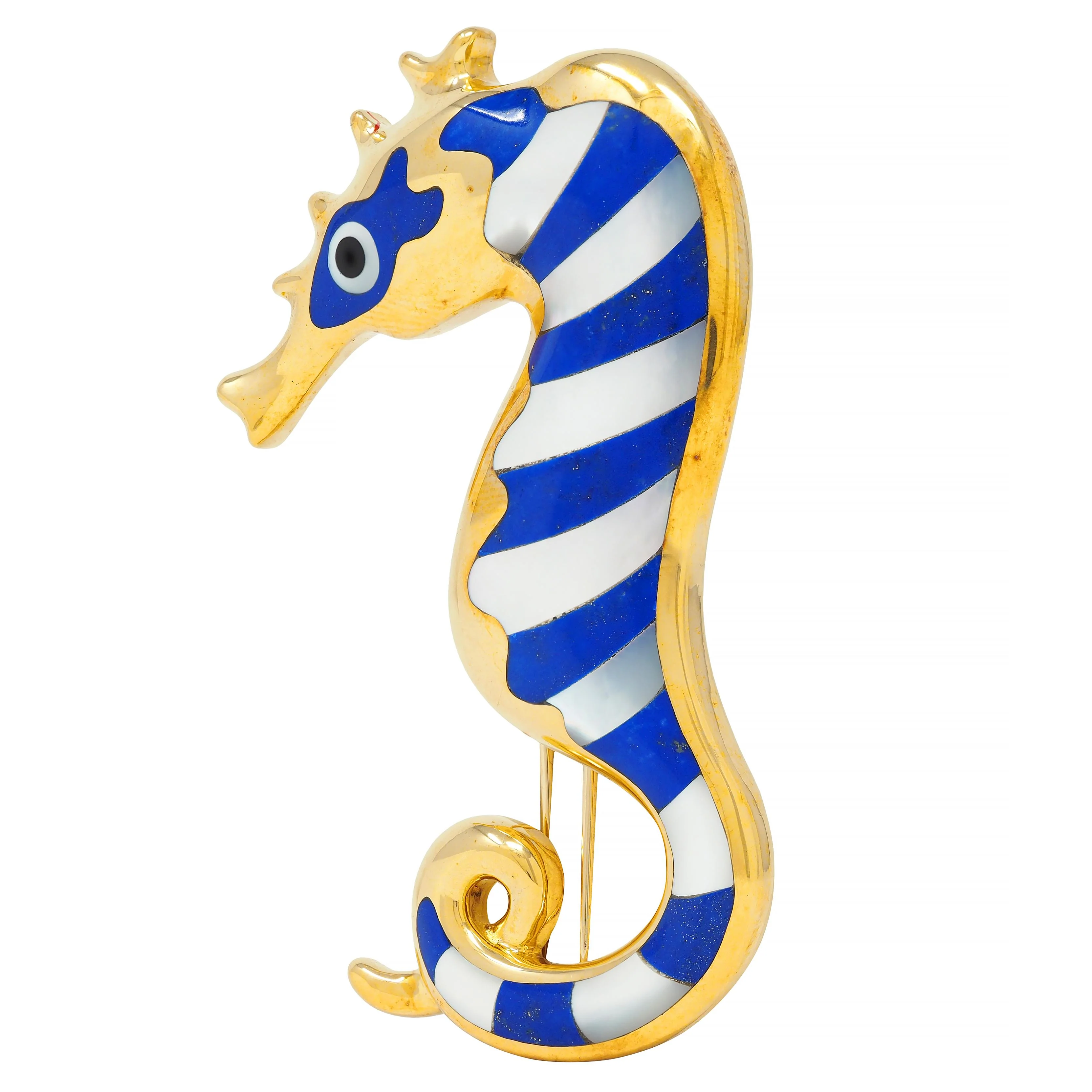 Tiffany & Co. 1970's Lapis Lazuli Mother-Of-Pearl Onyx 18 Karat Gold Vintage Seahorse Brooch - Image 5