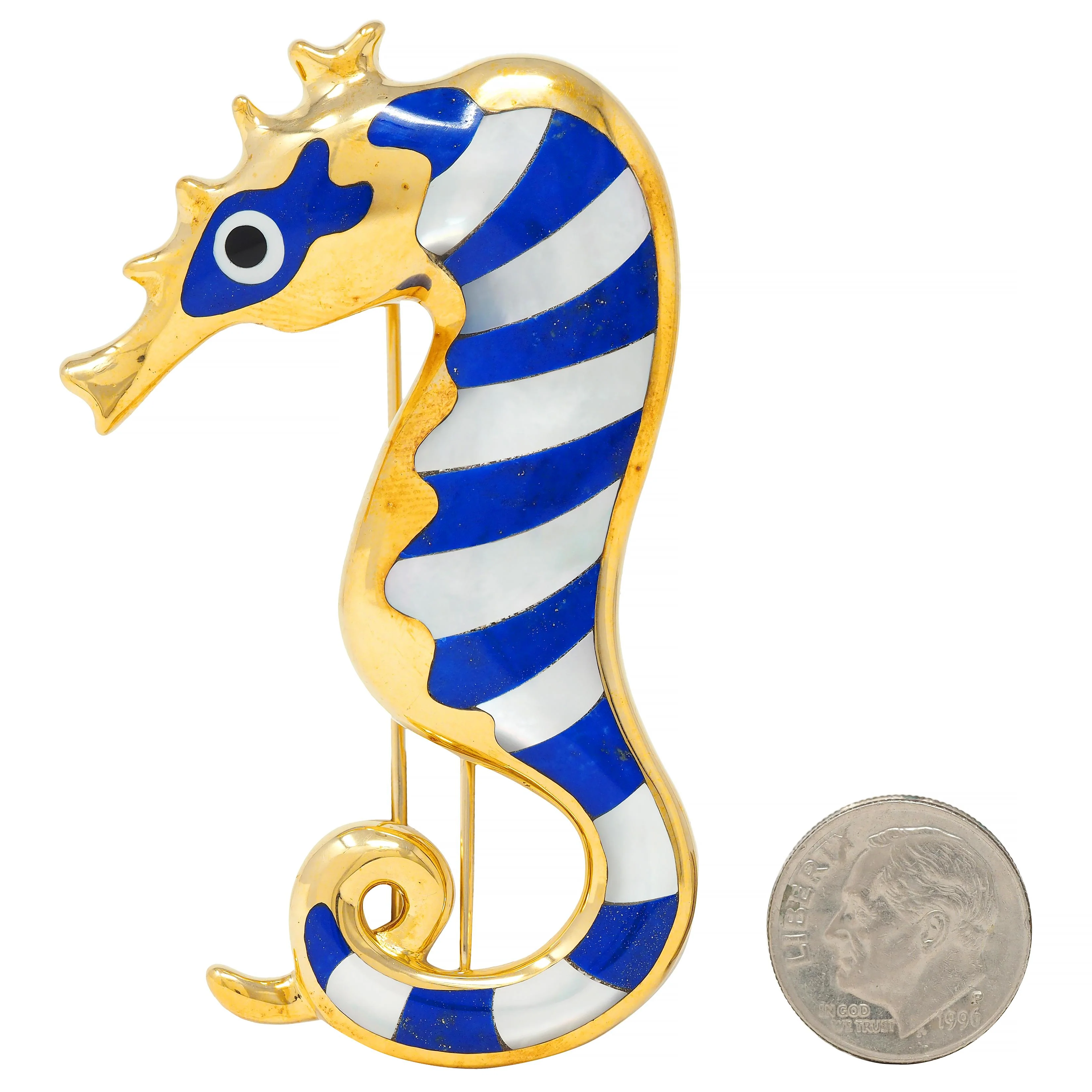 Tiffany & Co. 1970's Lapis Lazuli Mother-Of-Pearl Onyx 18 Karat Gold Vintage Seahorse Brooch - Image 8