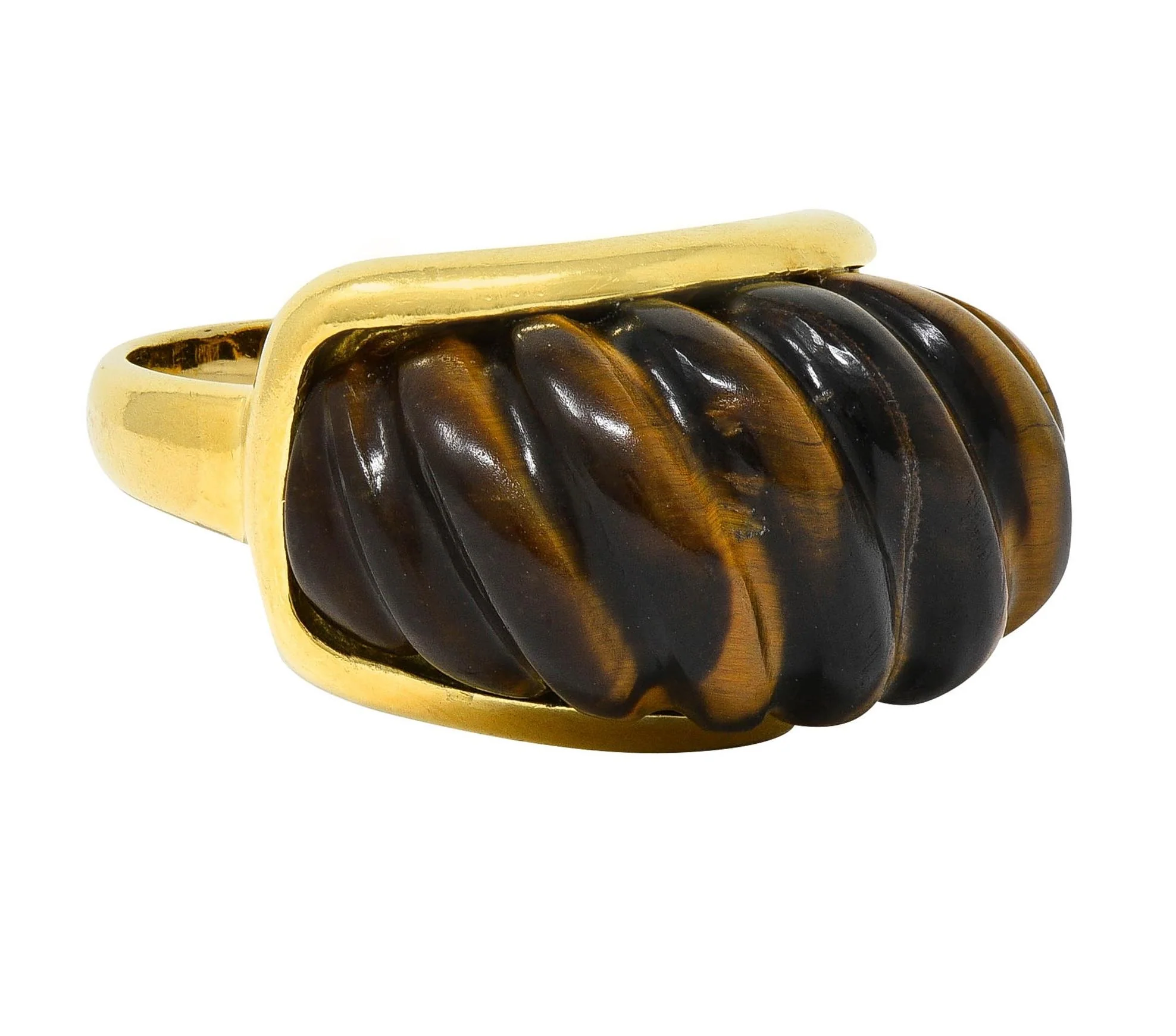 Tiffany & Co. 1970's Tiger's Eye Quartz 18 Karat Yellow Gold Vintage Fluted Statement Ring - Image 3
