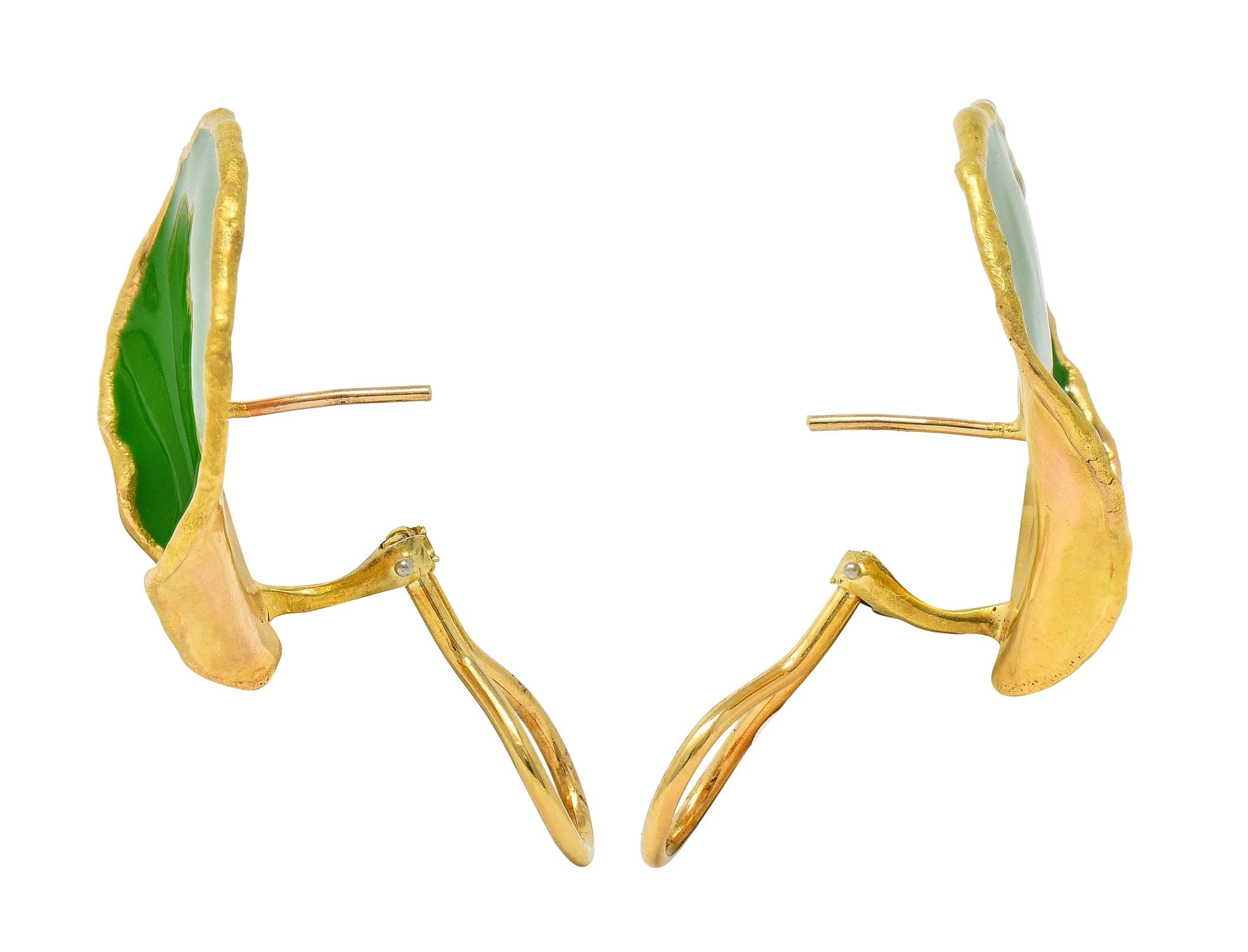 Tiffany & Co. 1979 Green Enamel 18 Karat Yellow Gold Vintage Rose Petal Earrings - Image 4