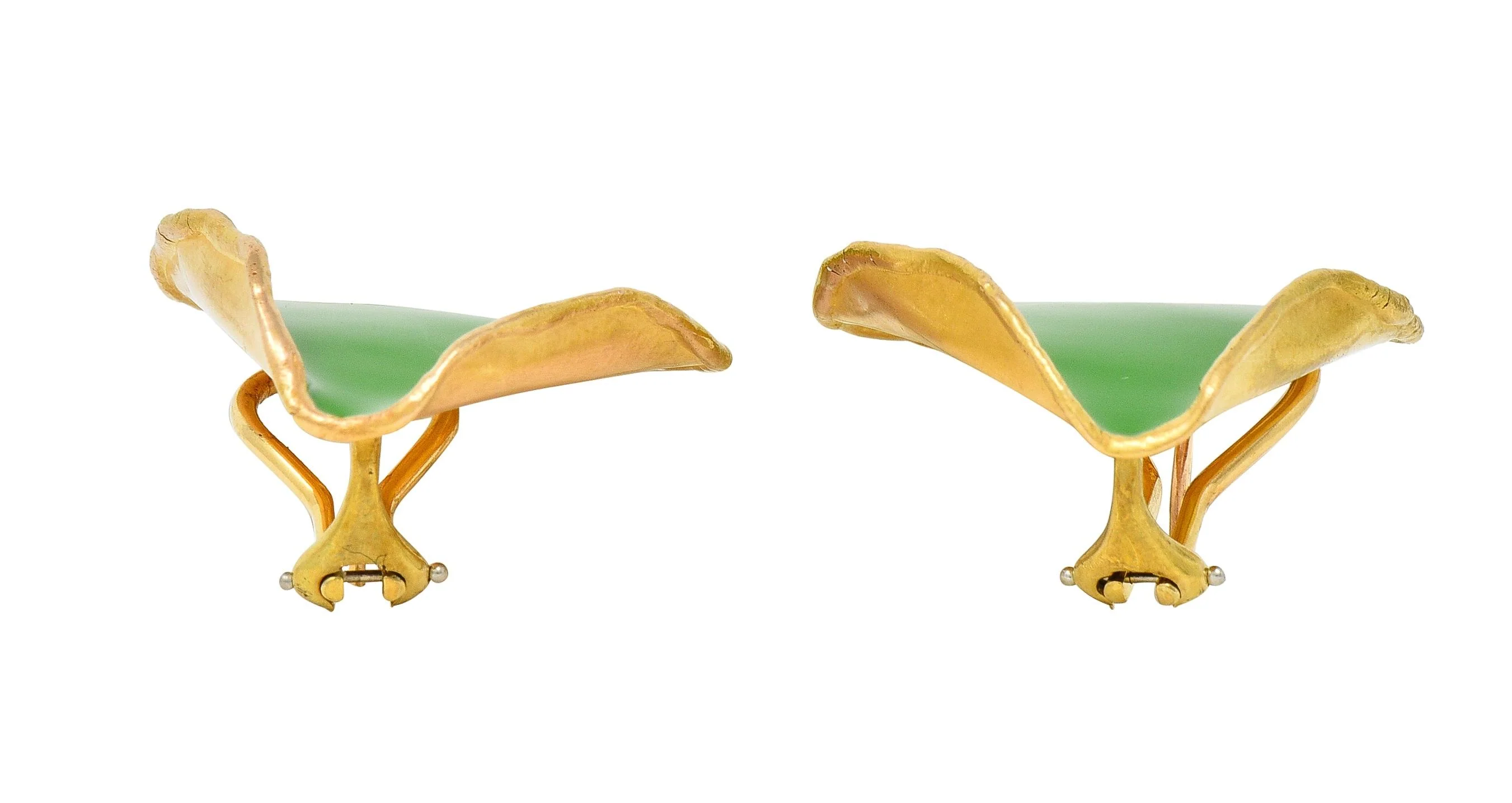 Tiffany & Co. 1979 Green Enamel 18 Karat Yellow Gold Vintage Rose Petal Earrings - Image 6
