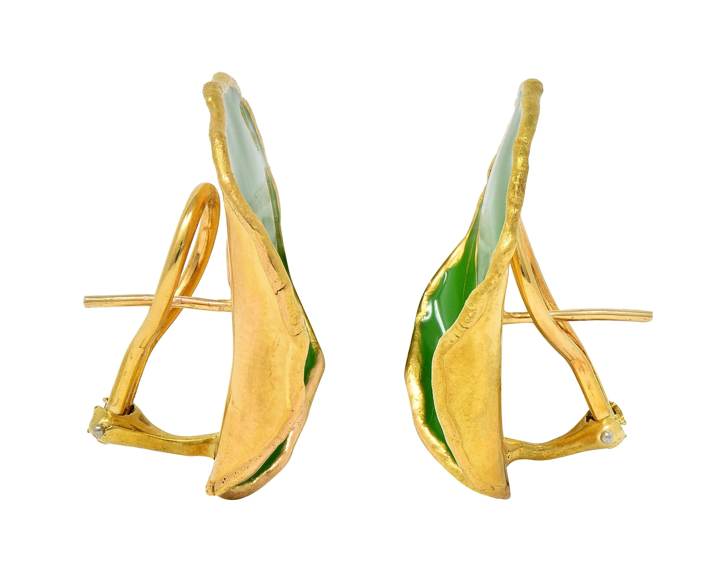 Tiffany & Co. 1979 Green Enamel 18 Karat Yellow Gold Vintage Rose Petal Earrings - Image 7