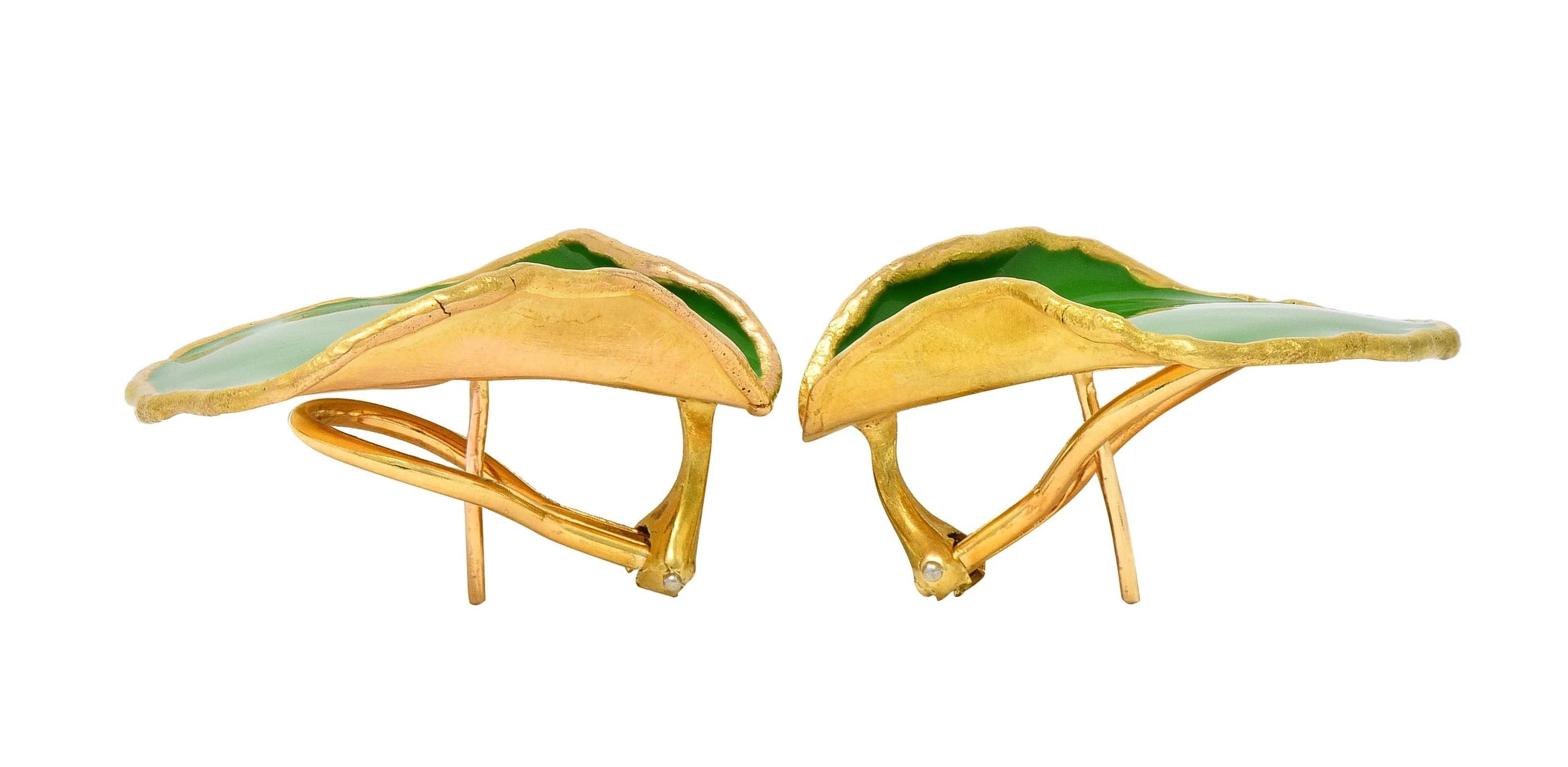 Tiffany & Co. 1979 Green Enamel 18 Karat Yellow Gold Vintage Rose Petal Earrings - Image 9