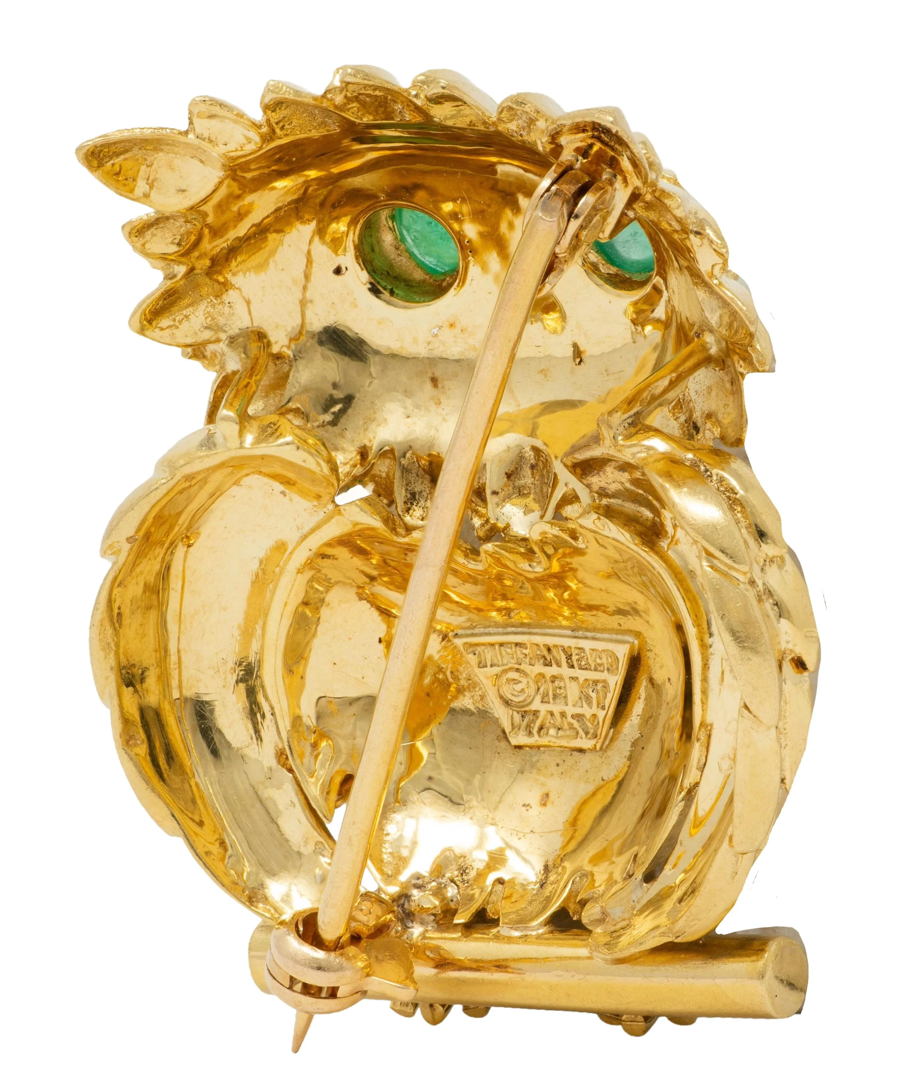Tiffany & Co. 1980's Emerald 18 Karat Yellow Gold Vintage Owl Brooch - Image 4