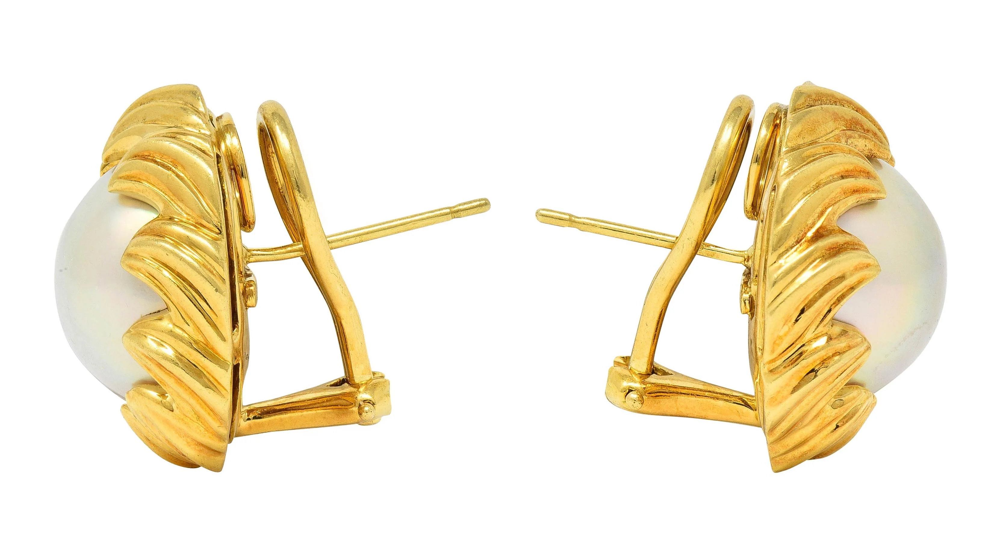 Tiffany & Co. 1980's Mabe Pearl 18 Karat Yellow Gold Vintage Wave Earrings - Image 3